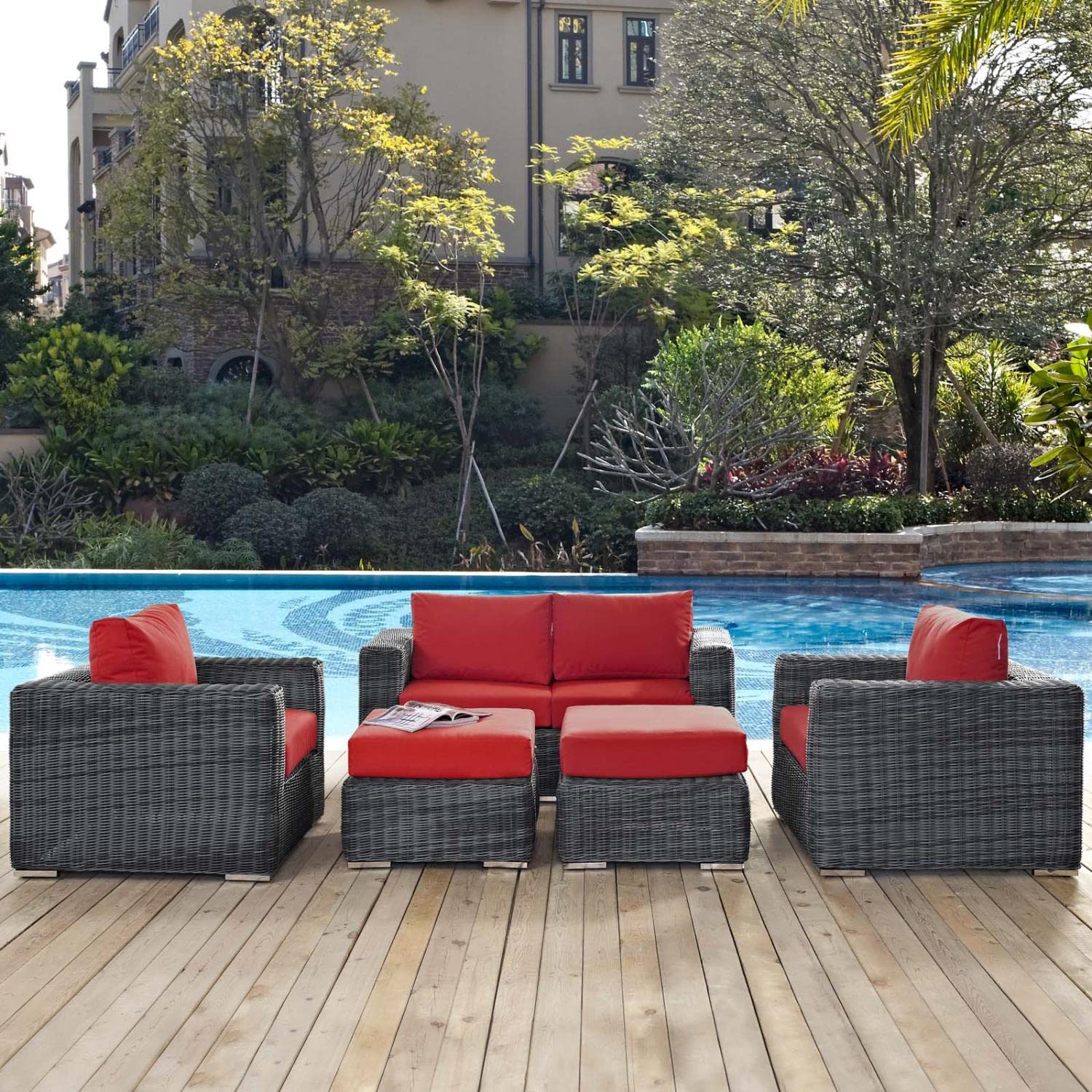 Modway Summon 5-Piece Outdoor Patio Sectional Sofa Set with Sunbrella Cushions - Waterproof & UV Resistant - Canvas Red - Perfect for Backyard, Poolside & Garden Relaxation