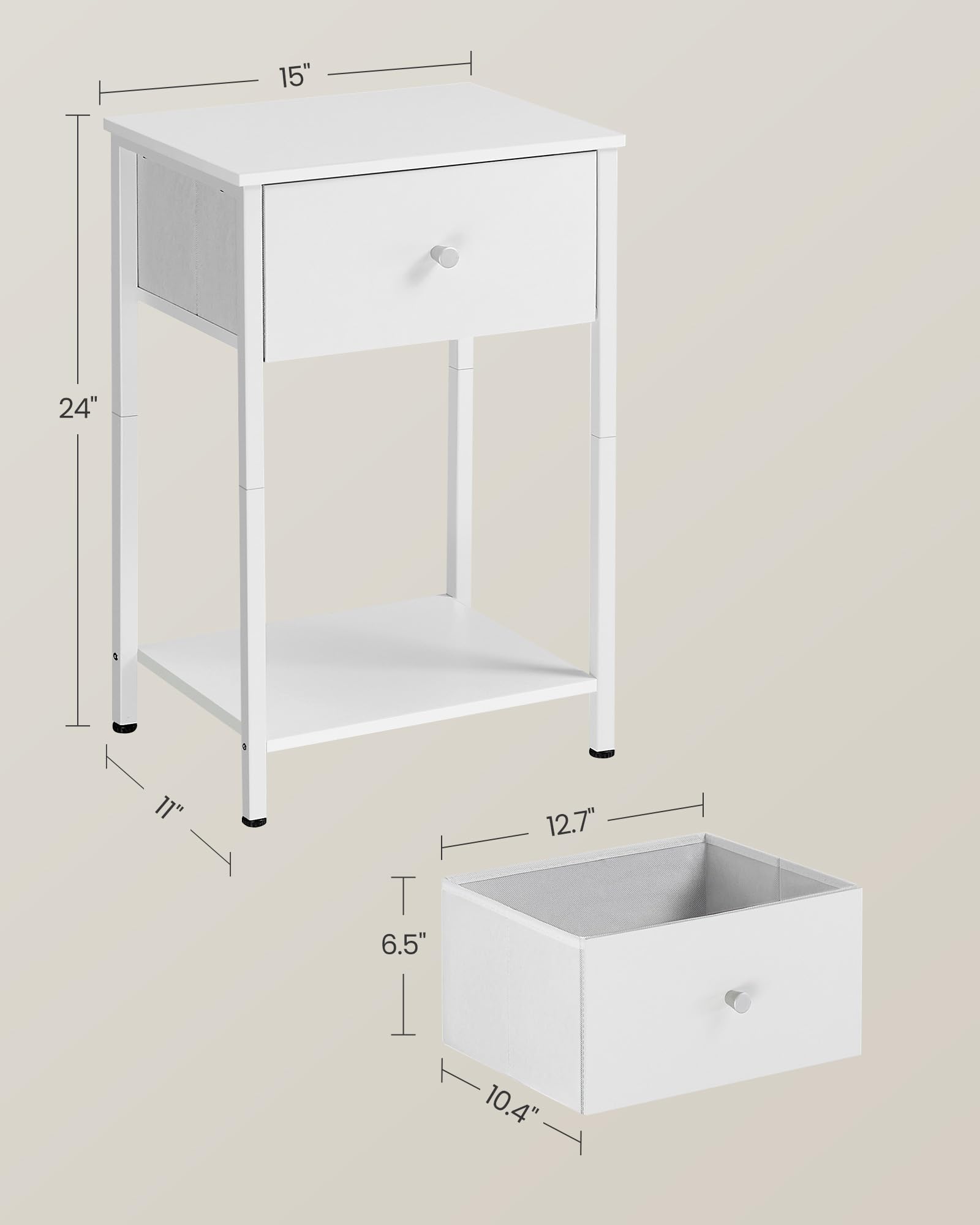 VASAGLE 24-Inch Tall Nightstand Set of 2 - White Fabric Drawer Side Tables with Storage Shelf for Bedroom | Perfect for Small Spaces, Guest Rooms & Apartment Living