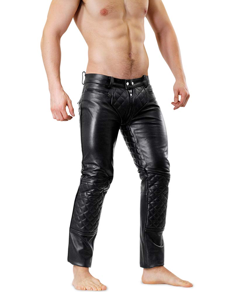 Bockle® 5 Pocket Quilted Jeans Leather Pants for Men - Full Zip Front, Stylish Motorcycle Biker Trousers for Riding & Casual Wear