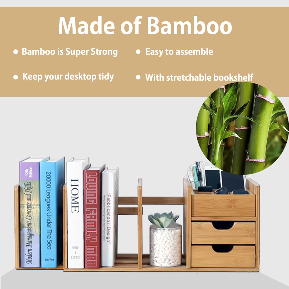 Catekro 6-Tier Bamboo Desktop Organizer with 2 Drawers - Wooden Office Desk Storage for Pens, Notepads, Stationery & Documents - Perfect for Home Office Organization & Workspace Decluttering