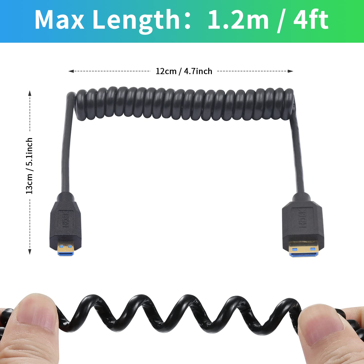 Duttek 8K Micro HDMI to Mini HDMI 2.1 Coiled Cable - 48Gbps Ultra Thin Mini HDMI Male to Micro HDMI Male Cable with Dynamic HDR Support - Perfect for Cameras, Camcorders, and DC Devices (1.2M/4ft) - Ideal for 8K Video Recording, Live Streaming, and Professional Photography