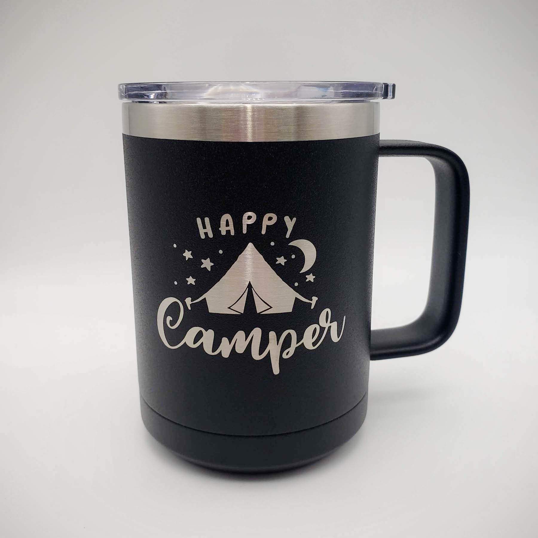 Happy Camper Engraved 15oz Polar Camel Mug - Insulated Stainless Steel Camping Cup for Coffee & Hot Drinks | Perfect for Tent Camping, Hiking, Backpacking & Outdoor Adventures | Great Camping Gift for Men & Women