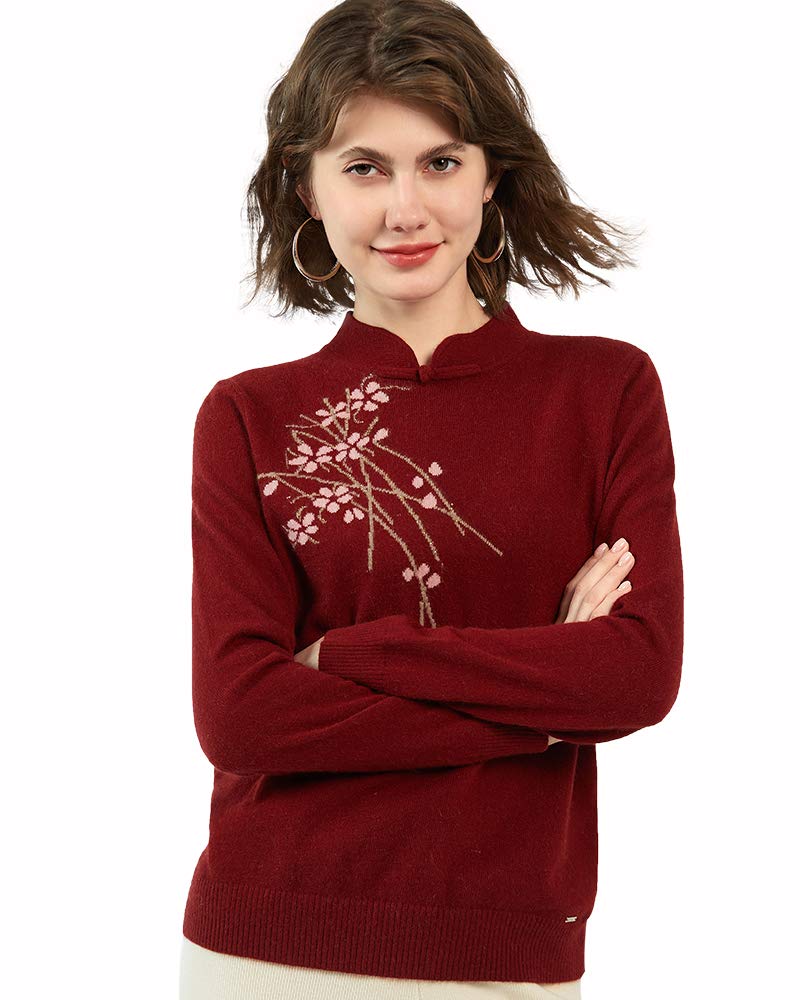 Zhili Women's 100% Pure Cashmere Embroidered Mandarin Collar Pullover Sweater - Soft & Warm Winter Knitwear for Office, Dating & Holiday Outfits