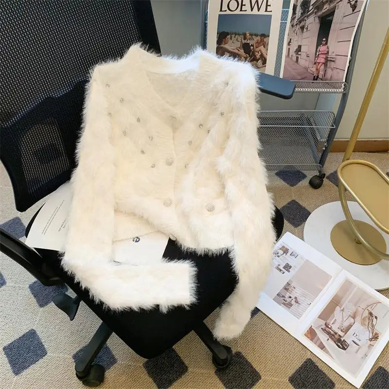 Elegant Women's Pink V-Neck Mohair Knit Cardigan Sweater - French White Diamond Design, Long Sleeve Single Breasted Top for Autumn Winter | Perfect for Office Wear, Date Nights & Cozy Evenings