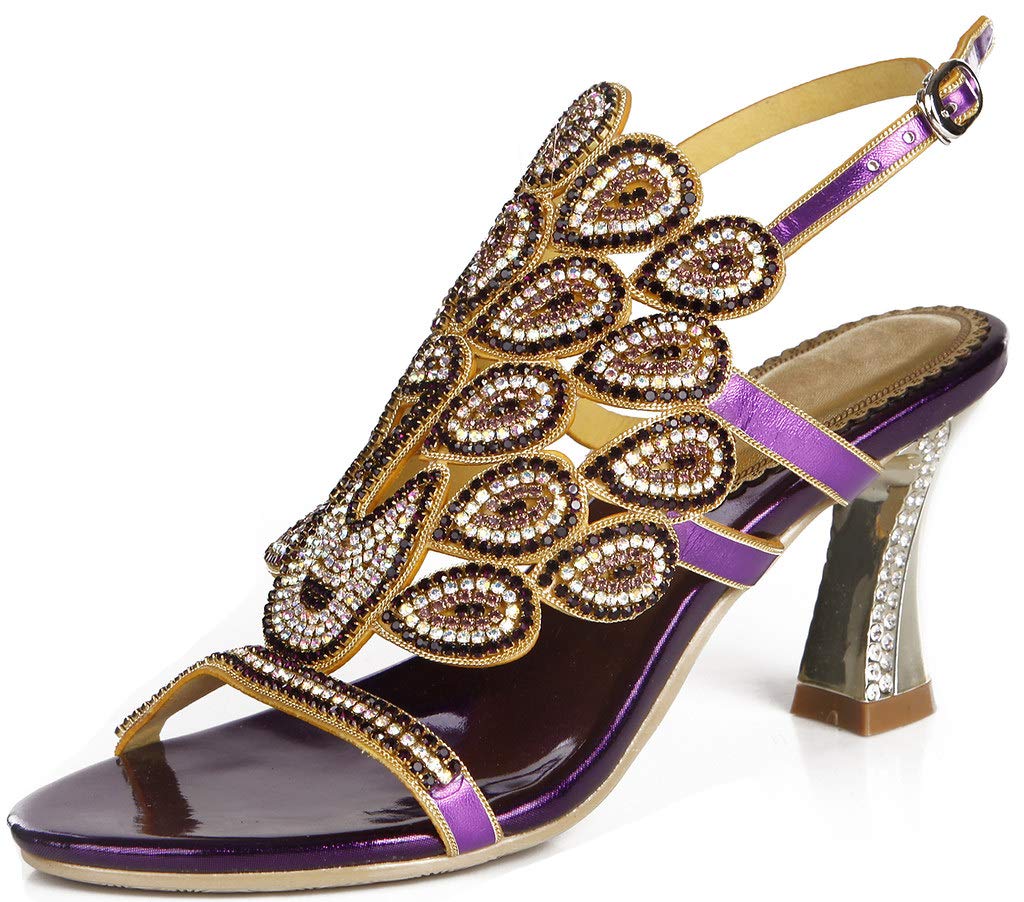 YooPrettyz Women's Open Toe Crystal Evening Heels - Strappy Caged Sandals with Chunky Heel for Prom, Wedding, Party & Special Occasions