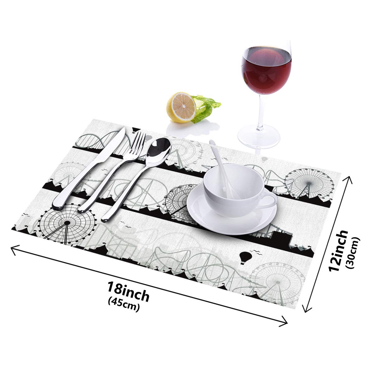 4-Pack White and Black Cotton Linen Placemats - Heat Resistant, Non-Slip & Washable Table Mats for Dining, Kitchen Decor - Retro Ferris Wheel & Hot Air Balloon Design - Perfect for Holiday Banquets, Dinner Parties, and Everyday Family Meals