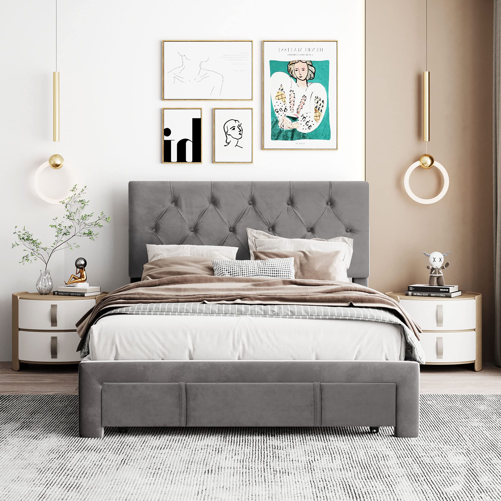Merax Full Storage Bed Frame with Adjustable Headboard - Grey, No Box Spring Needed for Bedrooms