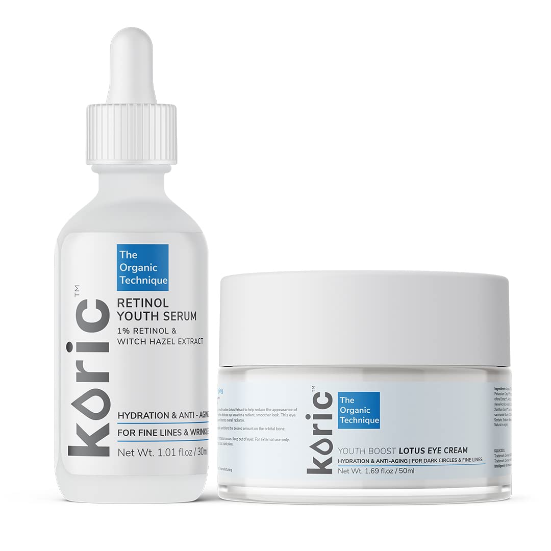 Koric Be Young 4ever Skincare Set - Retinol Youth Serum & Eye Cream for Hyperpigmentation, Wrinkles & Dark Circles | Hazel Extract Formula | Perfect for Night Routine & Anti-Aging Care
