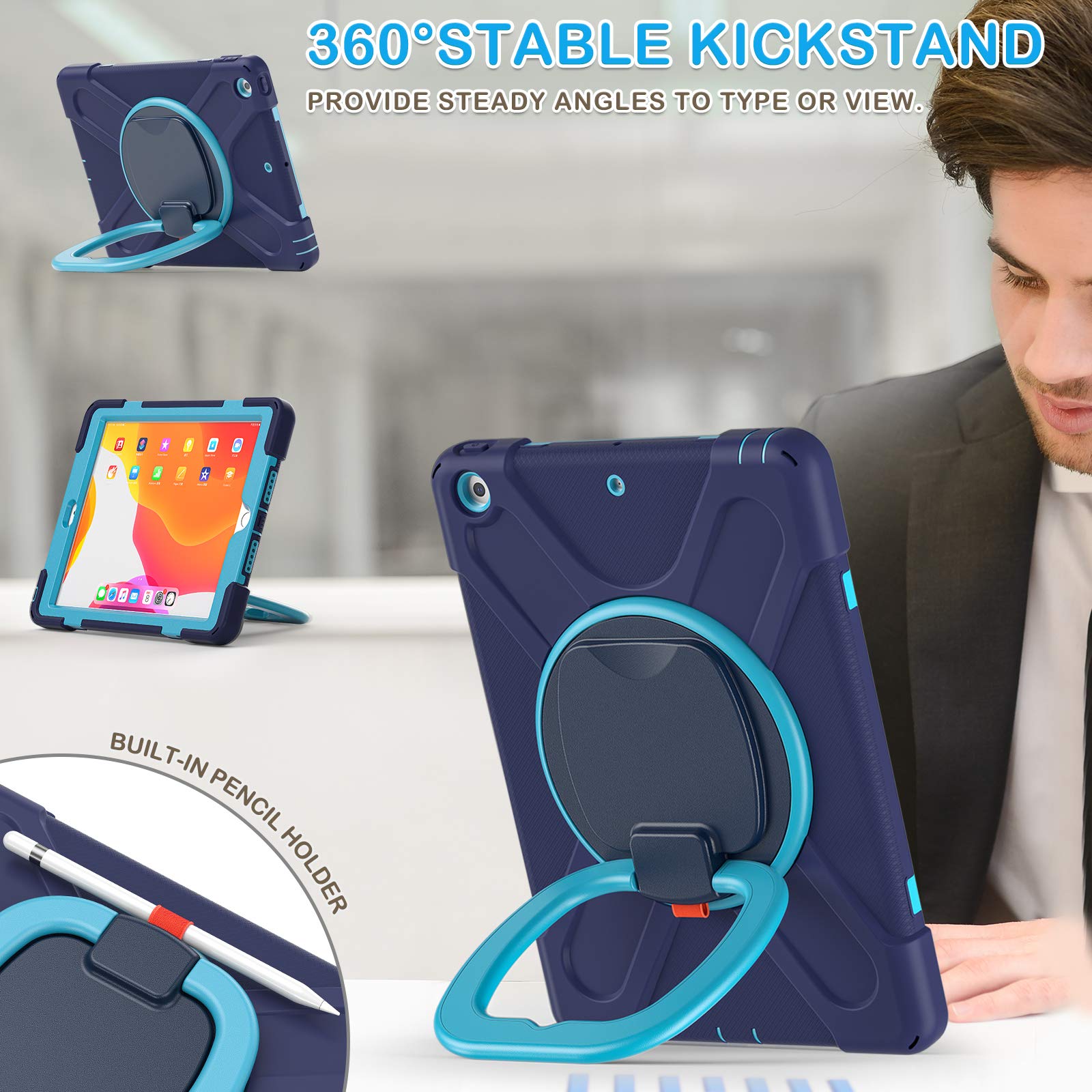 BATYUE Rugged iPad Case for 9th/8th/7th Gen 10.2-inch iPad (2021/2020/2019) with Screen Protector - Rotating Stand, Pencil Holder & Shoulder Strap - Navy Blue - Perfect for Work, Travel & School Use