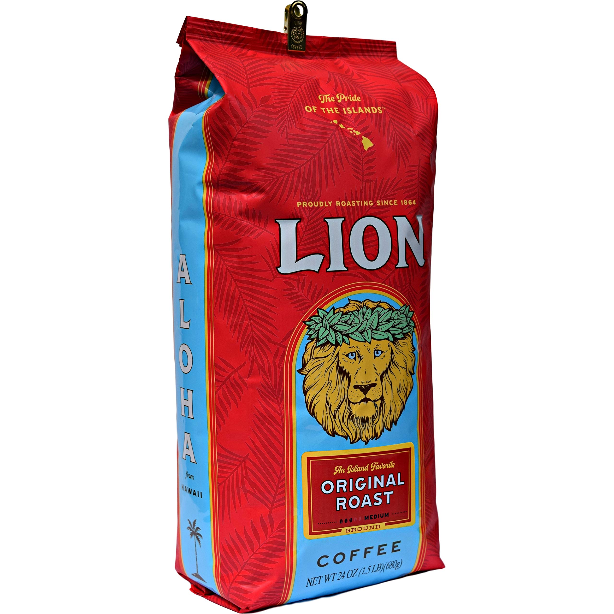 Lion Coffee Classic Original Whole Bean Coffee - Medium Roast, 100% Arabica, 24oz Bag (1.5lb) | Premium Hawaiian Coffee for Drip, French Press & Espresso | Perfect for Home Brewing & Office Use