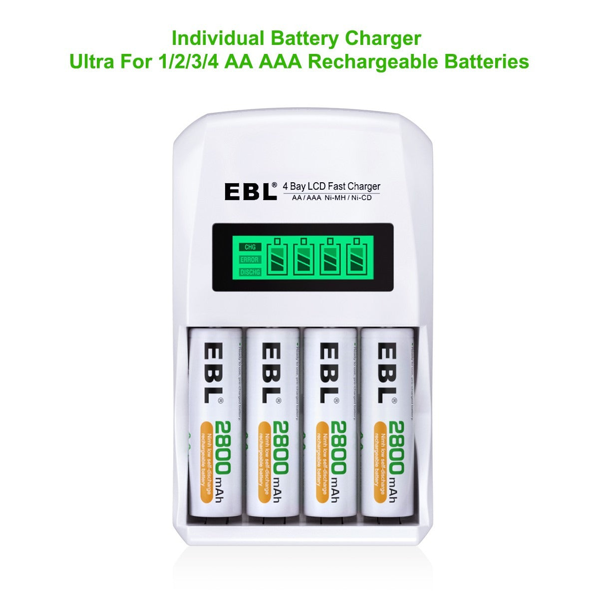 EBL Smart Battery Charger for AA AAA Ni-MH Ni-CD Rechargeable Batteries - Fast Charging with LCD Display for Home, Office, and Travel Use