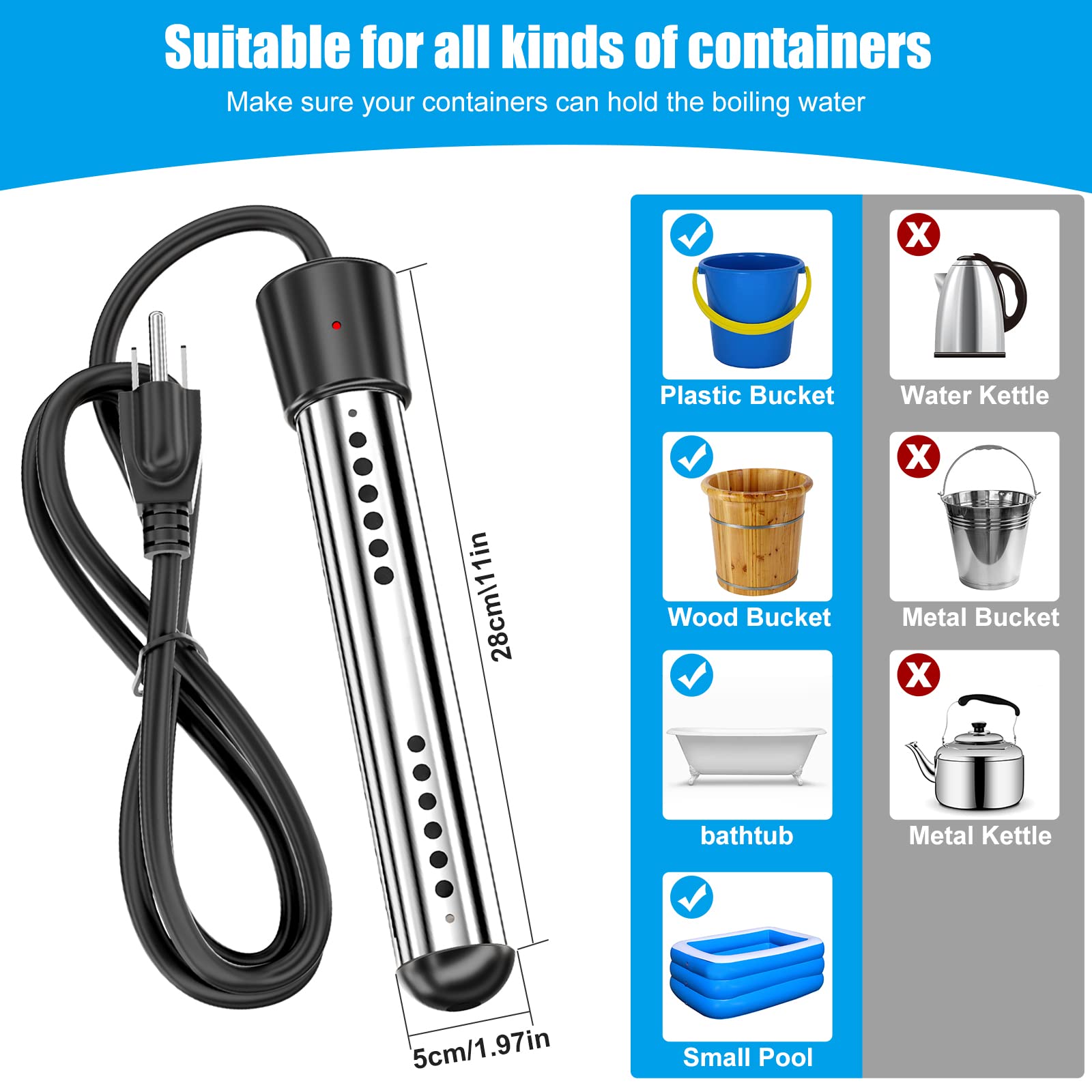 2000W 110V Portable Immersion Water Heater - Electric Pool & Bathtub Heater for Home, Outdoor, School Use | Fast Heating for Inflatable Pools, Basins & Bathrooms