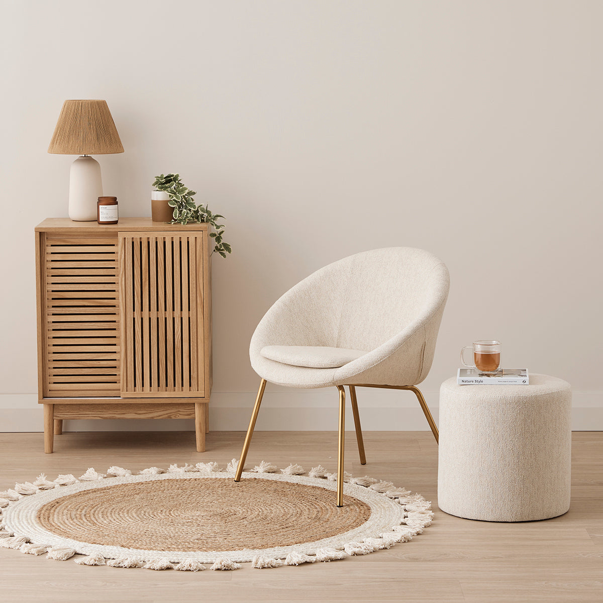Juliette Ottoman Stool 40cm - Round Tufted Footrest Pouf with Wooden Legs for Living Room, Bedroom, and Nursery Decor