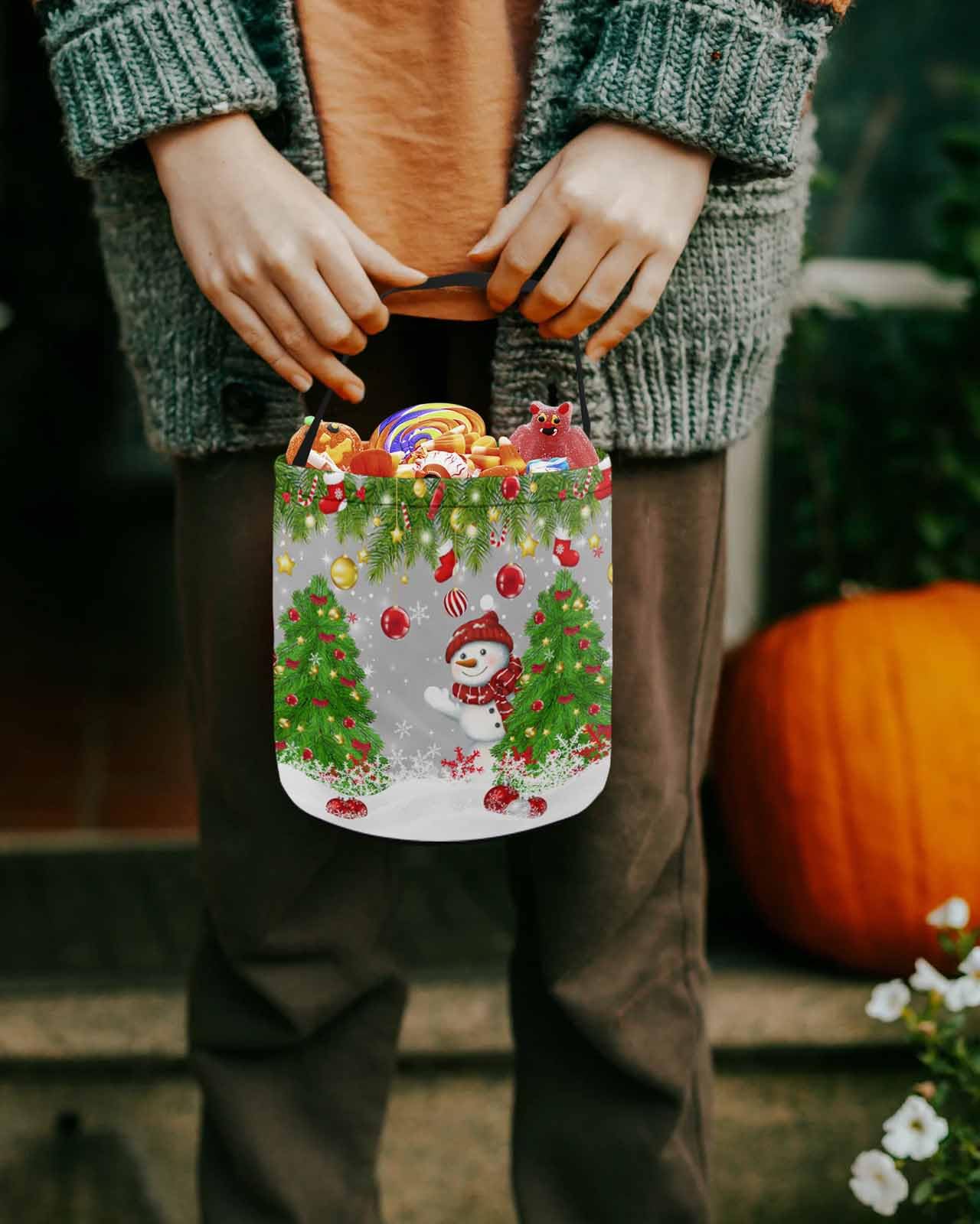 2 Pack Halloween Trick or Treat Candy Bags - Snowman & Christmas Tree Design Collapsible Reusable Tote with Winter Pine Branch Snow Scene - Perfect for Holiday Parties, Gift Baskets & Christmas Decorations