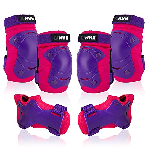 NHH 6-in-1 Skateboard Protective Gear Set - Knee Pads, Elbow Pads & Wrist Guards for Kids, Youth & Adults (Men/Women) - Pink & Purple, Large Size - Perfect for Skateboarding, Roller Skating & Scooter Riding Safety