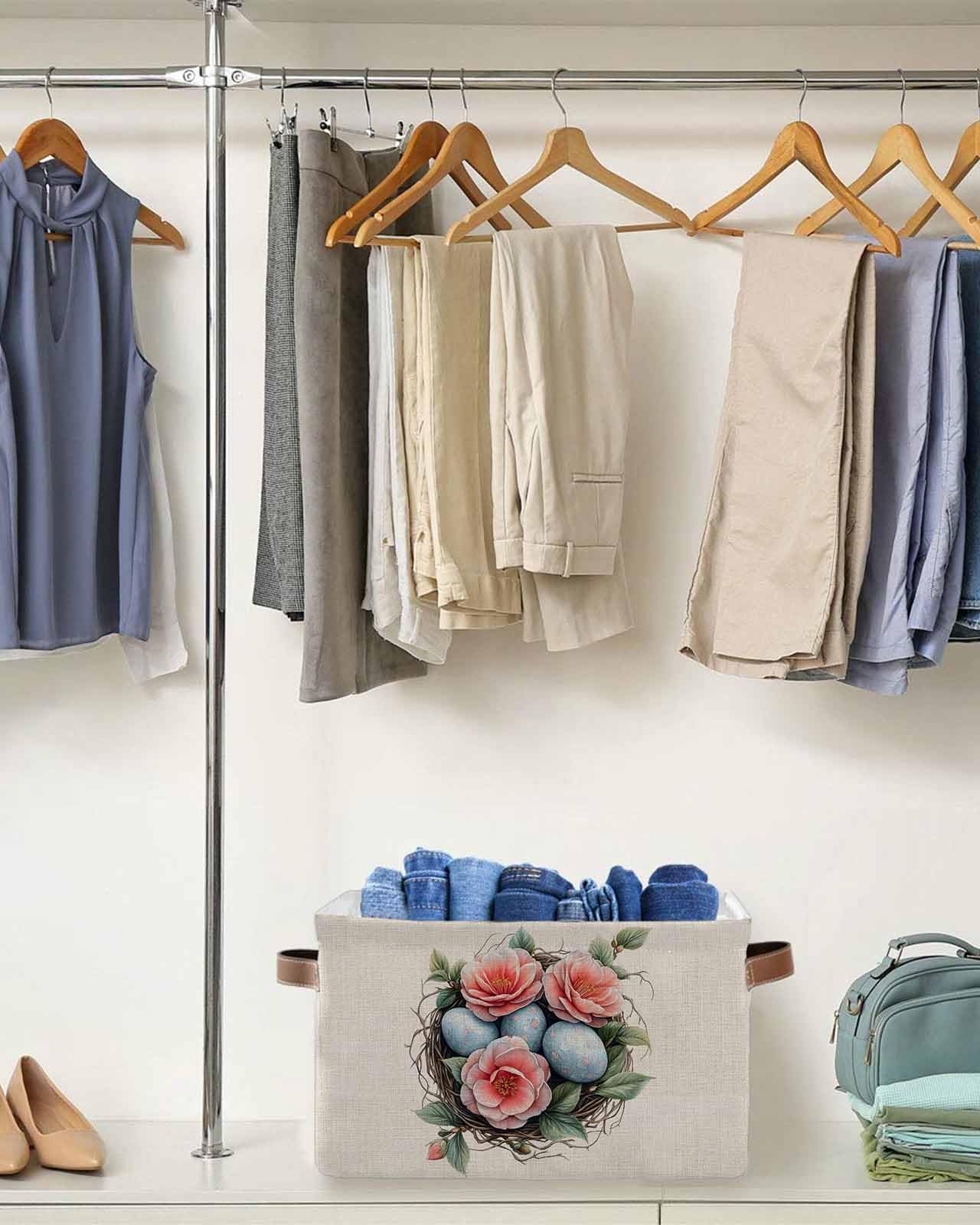 Large Collapsible Storage Bins with Handles - 2-Pack Easter Blue Floral Linen Baskets & Spring Green Leaf Cube Organizers for Shelves, Closet, Nursery | Space-Saving Home Organization for Toys, Blankets & Seasonal Decor