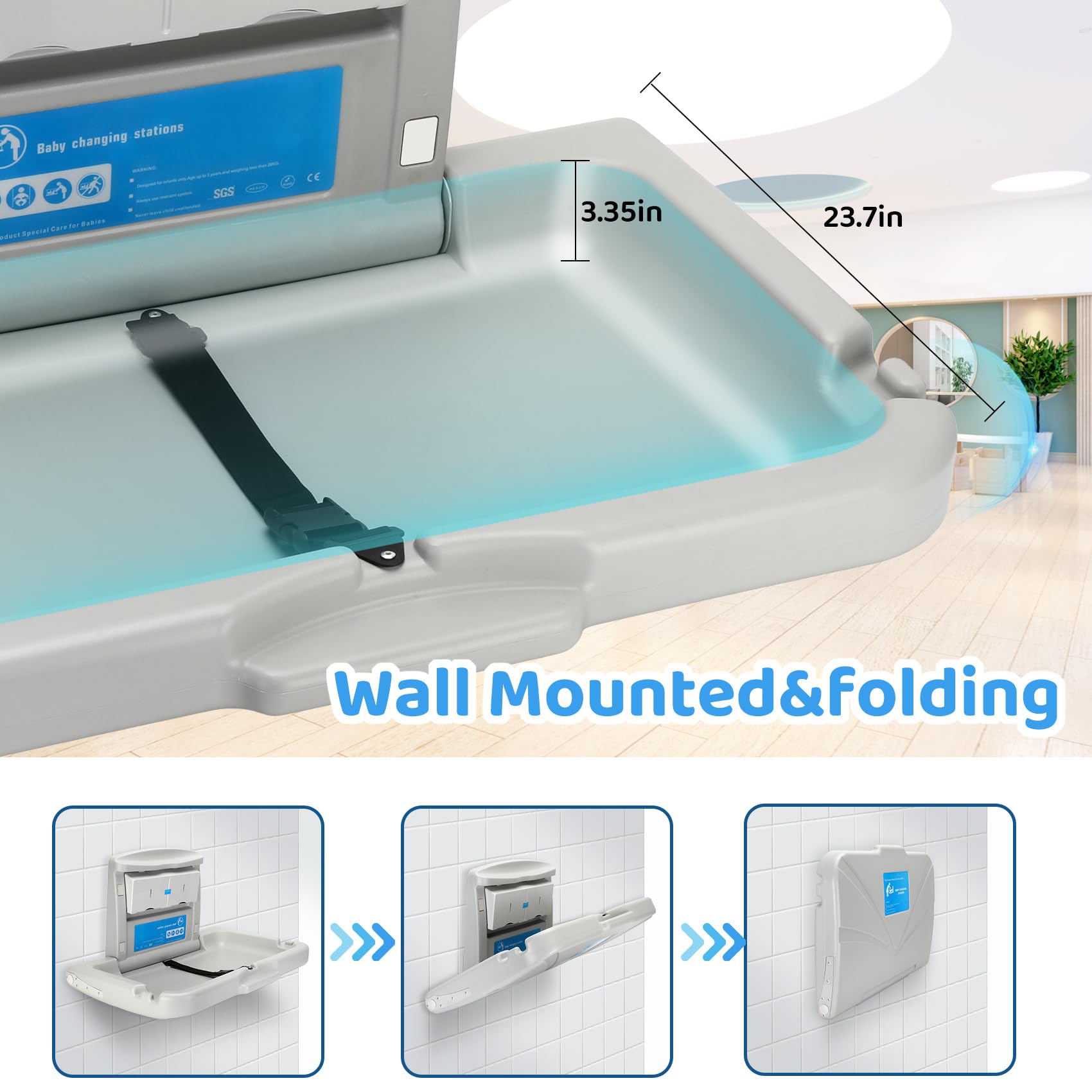 Commercial Baby Changing Station - Wall Mounted Foldable Diaper Changing Table with Storage Box, HDPE Safe Material Supports 60lbs - Perfect for Daycares, Restrooms & Nurseries