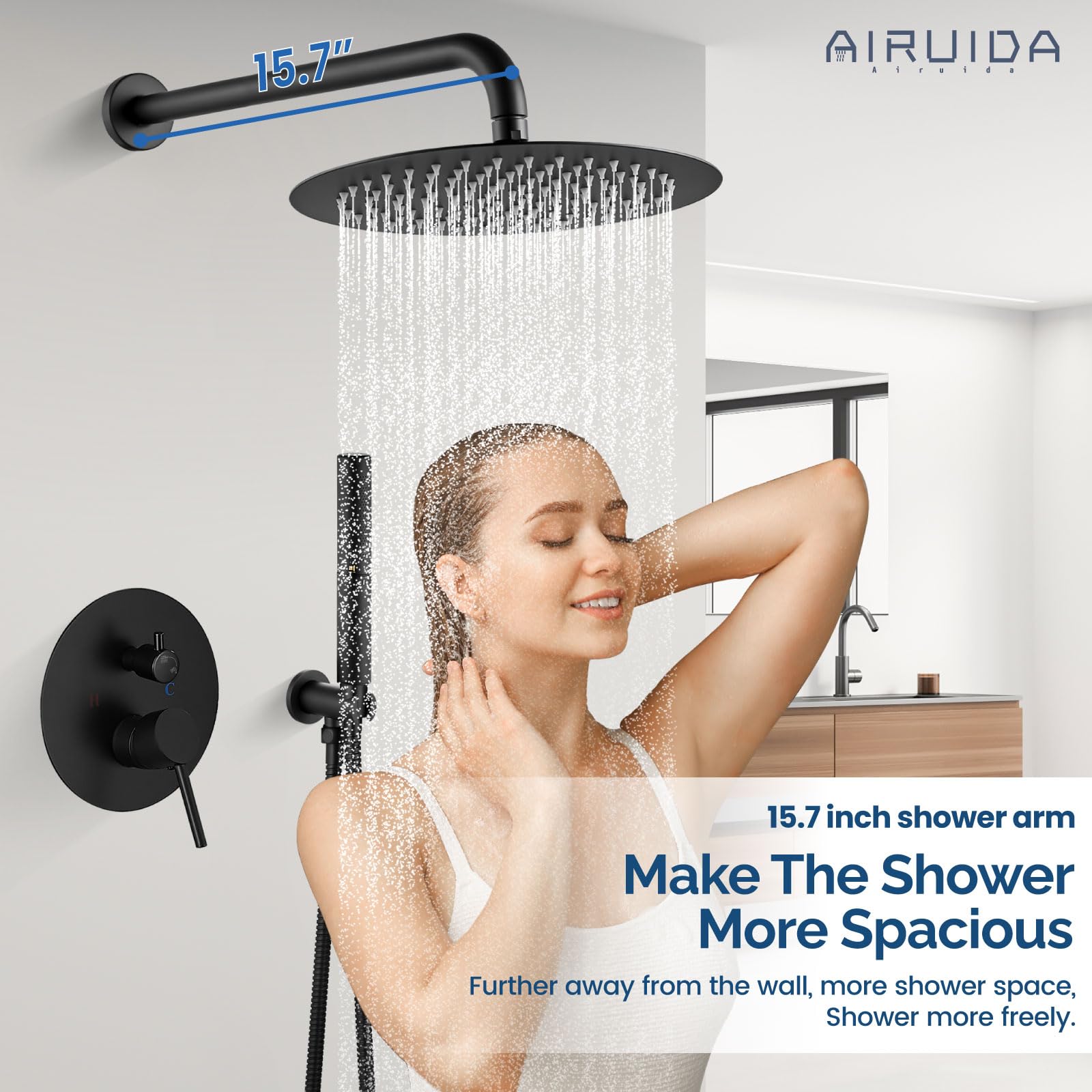 Airuida 2-Function Wall Mounted Shower Faucet Set - High Pressure Brass Handheld Shower with Rough-in Valve & 10 Inch Round Rainfall Shower Head in Matte Black - Perfect for Modern Bathroom Renovations and Spa-Like Shower Experience