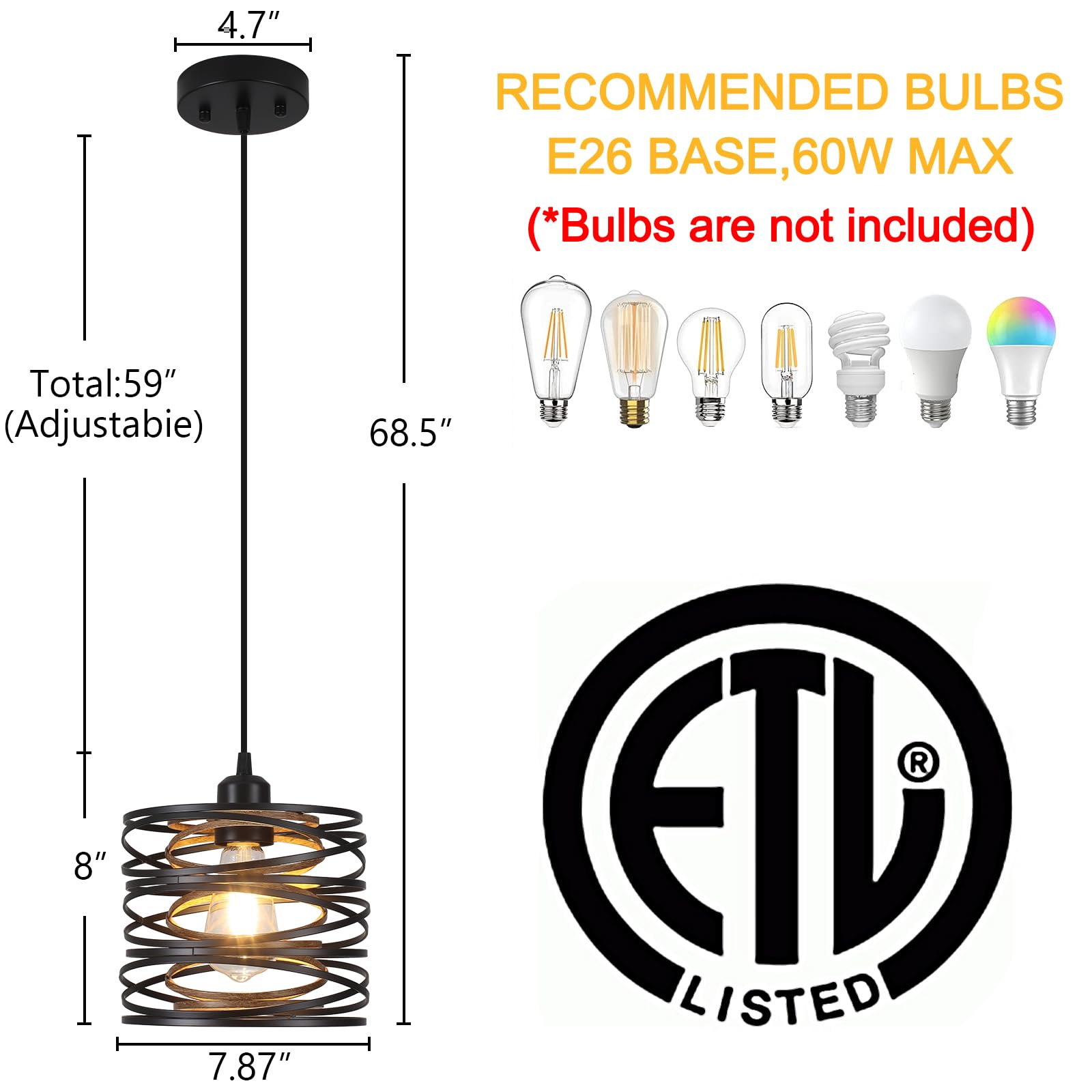 2 Pack Black Industrial Pendant Lights - Metal Hanging Light Fixtures with Wood Farmhouse Design for Kitchen Island, Dining Room, Bedroom, Bar & Office - ETL Certified | Perfect for Modern Homes, Restaurants and Workspaces