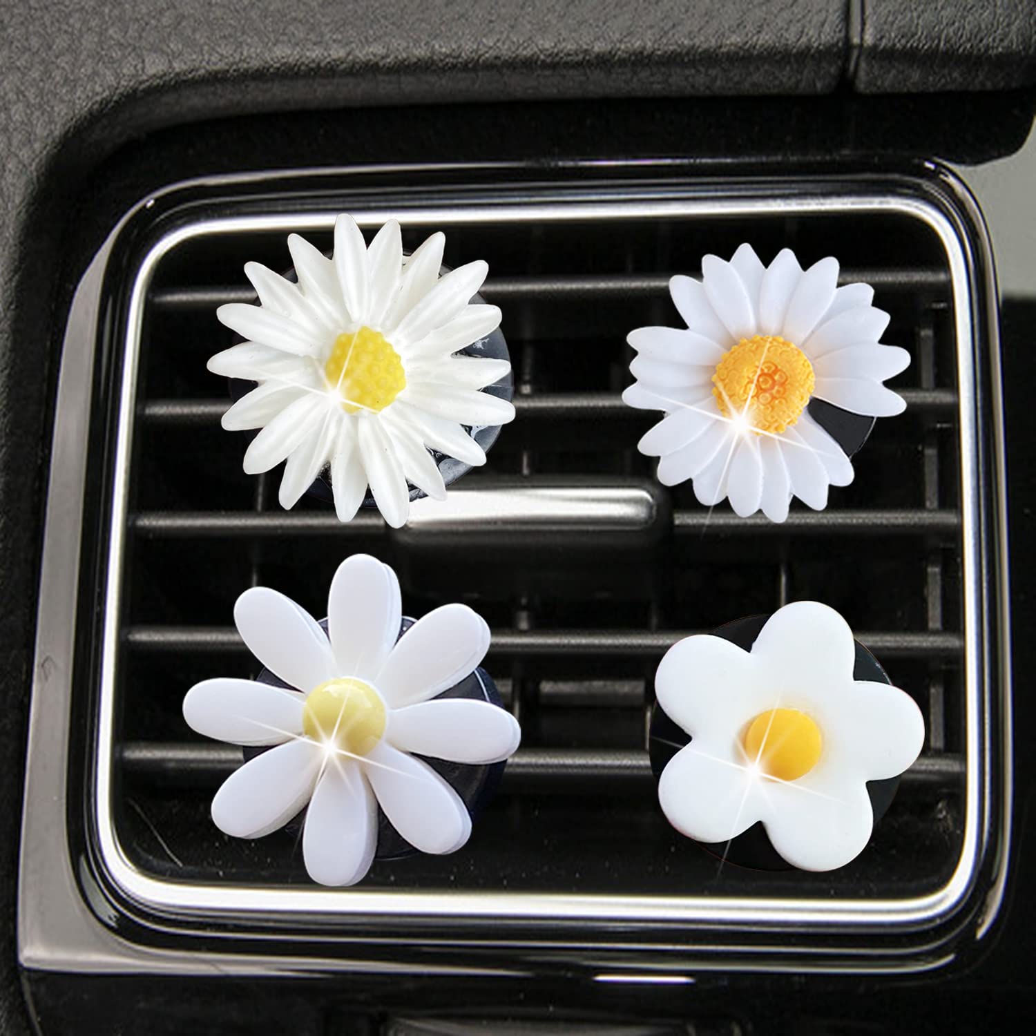 4 Pcs Daisy Air Vent Clips - Cute Flower Car Air Fresheners with Adjustable Fragrance for Women & Girls | Car Interior Decor Accessories | Perfect for Sedans, SUVs & Office Desks (White)