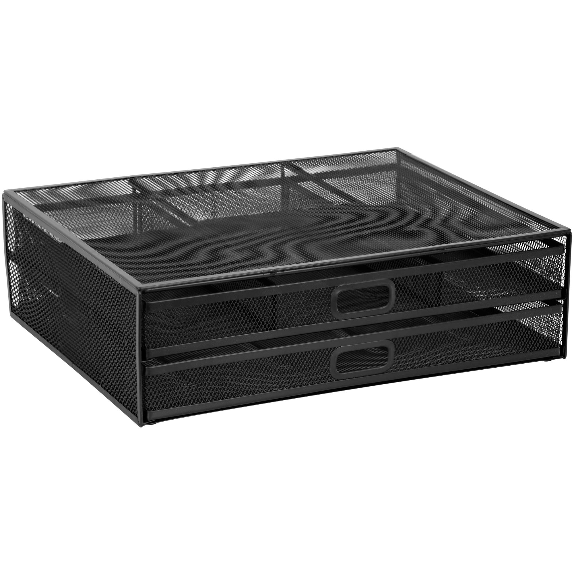 MOUNT-IT! Black Metal Mesh Monitor Stand with Drawers - Adjustable Computer Screen Riser & Organizer for Laptops, Printers & Office Supplies - Perfect for Home Office & Workspace Organization