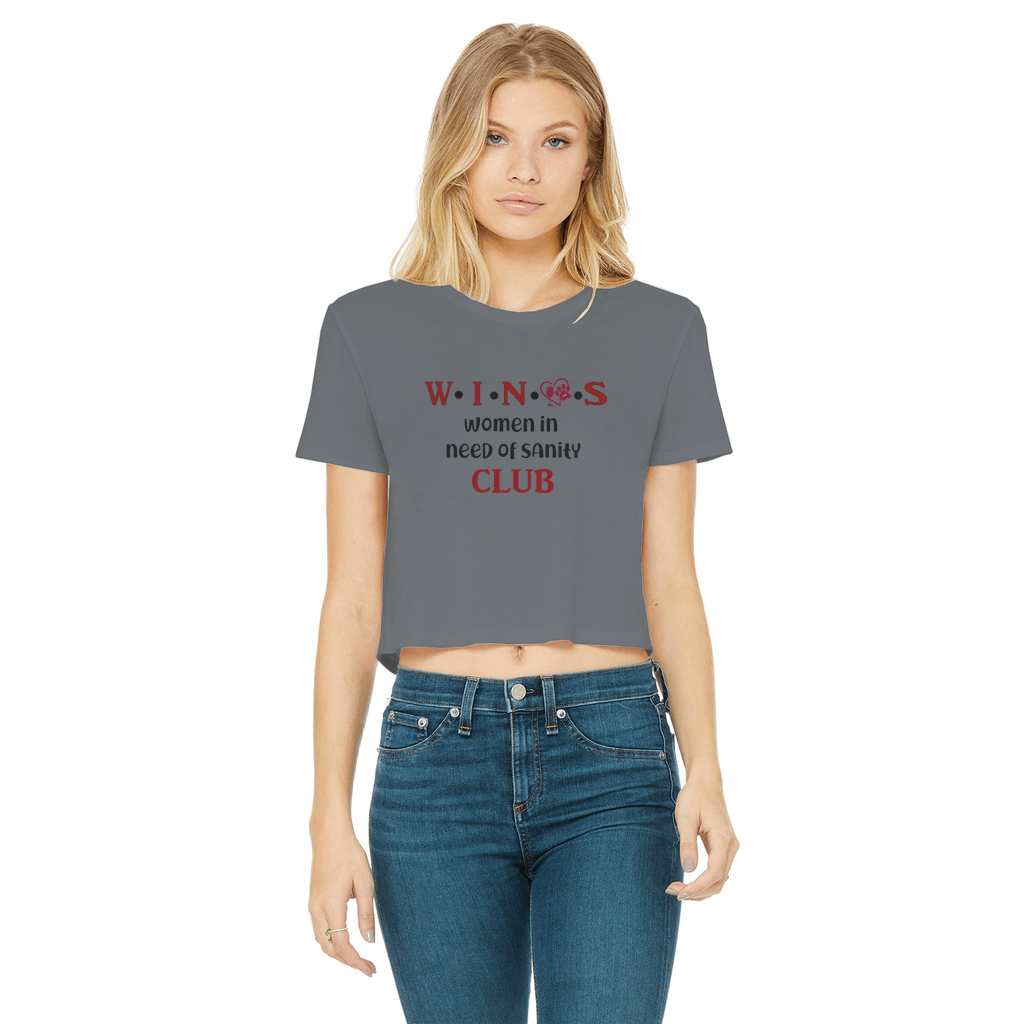 WineyBitches.Co Winos Club Classic Women's Cropped Raw Edge T-Shirt | Vintage Style Tee for Wine Lovers | Casual Outfit for Girls Night Out & Wine Tasting Events