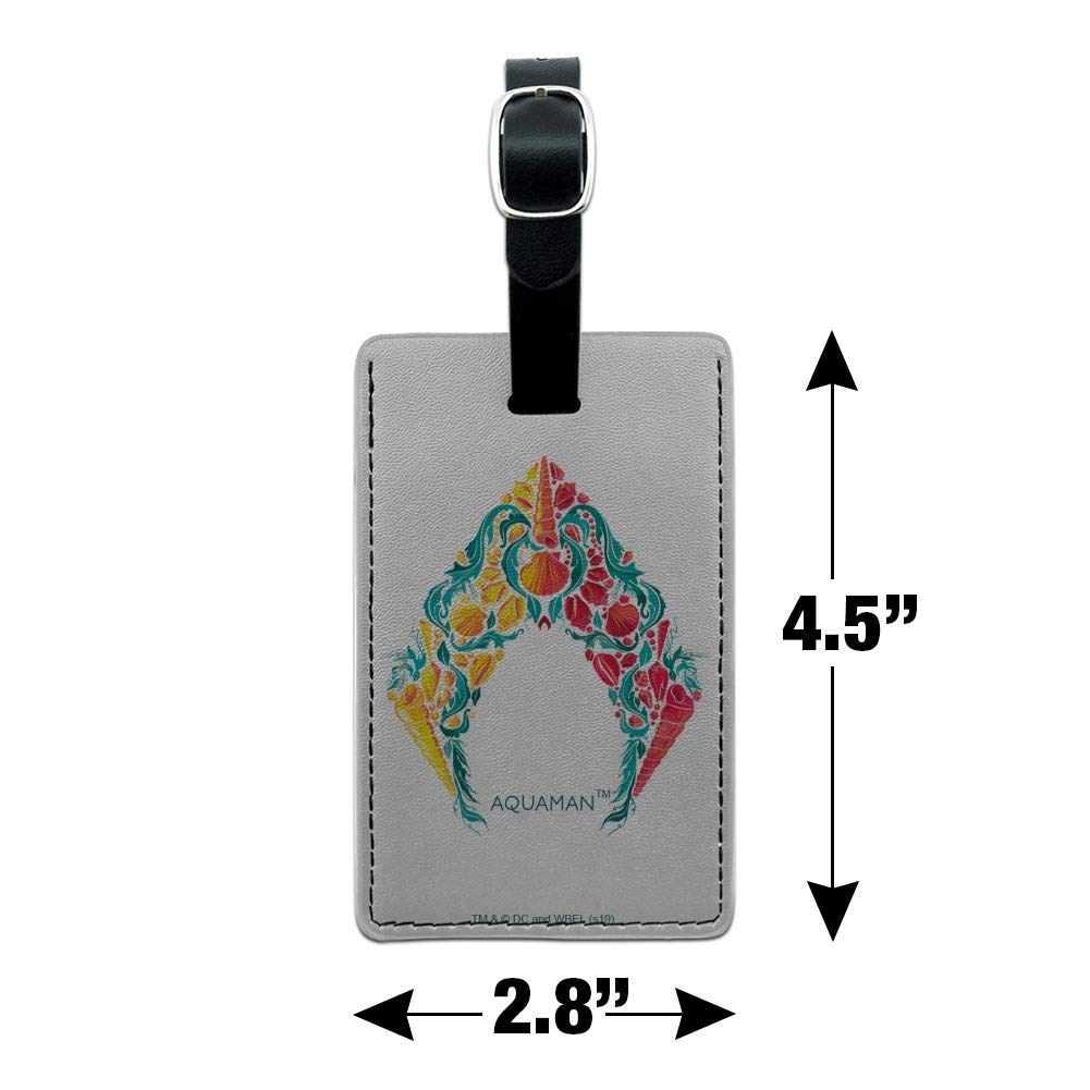 Aquaman Movie Inspired Leather Luggage Tag with Sea Shells Logo - Durable Rectangle ID Card Holder for Travel Bags, Suitcases & Backpacks - Perfect for Comic Con, Beach Vacations & Superhero Fans