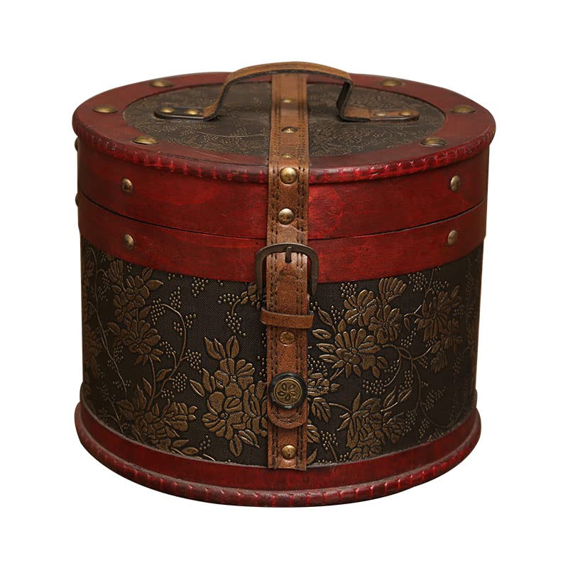 Victorian Style Lockable Jewelry Box - Vintage Wooden Trinket Box with Top Handle - Round Cylindrical Keepsake Chest for Rings, Necklaces & Accessories - Perfect for Vanity Organizer, Home Decor & Gift Giving