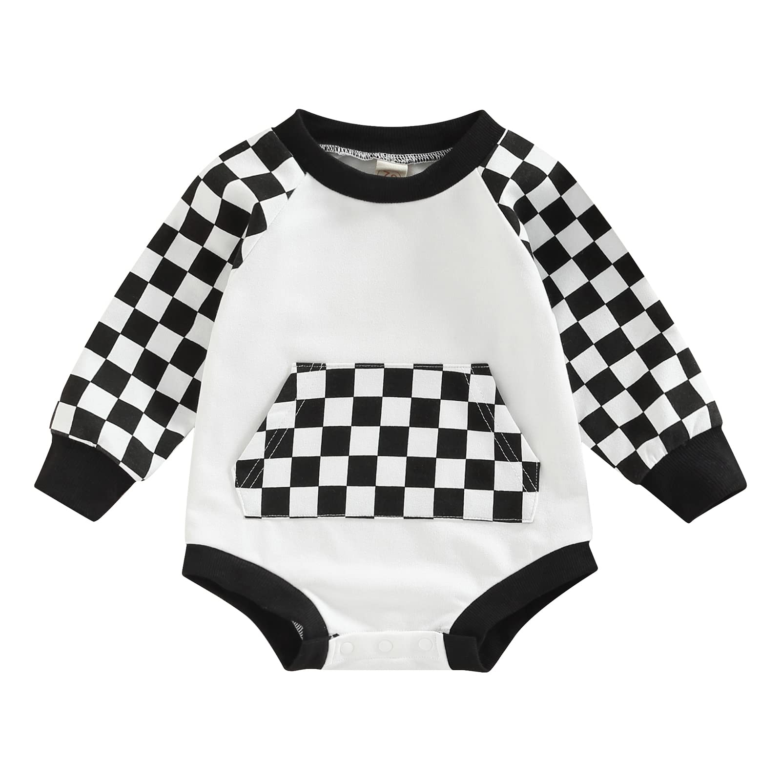 Newborn Checkerboard Baby Girl Sweatshirt Romper - Neutral Oversized Pullover Sweater for Fall & Winter | Cozy Outfit for Family Photos, Holiday Gatherings & Daily Wear
