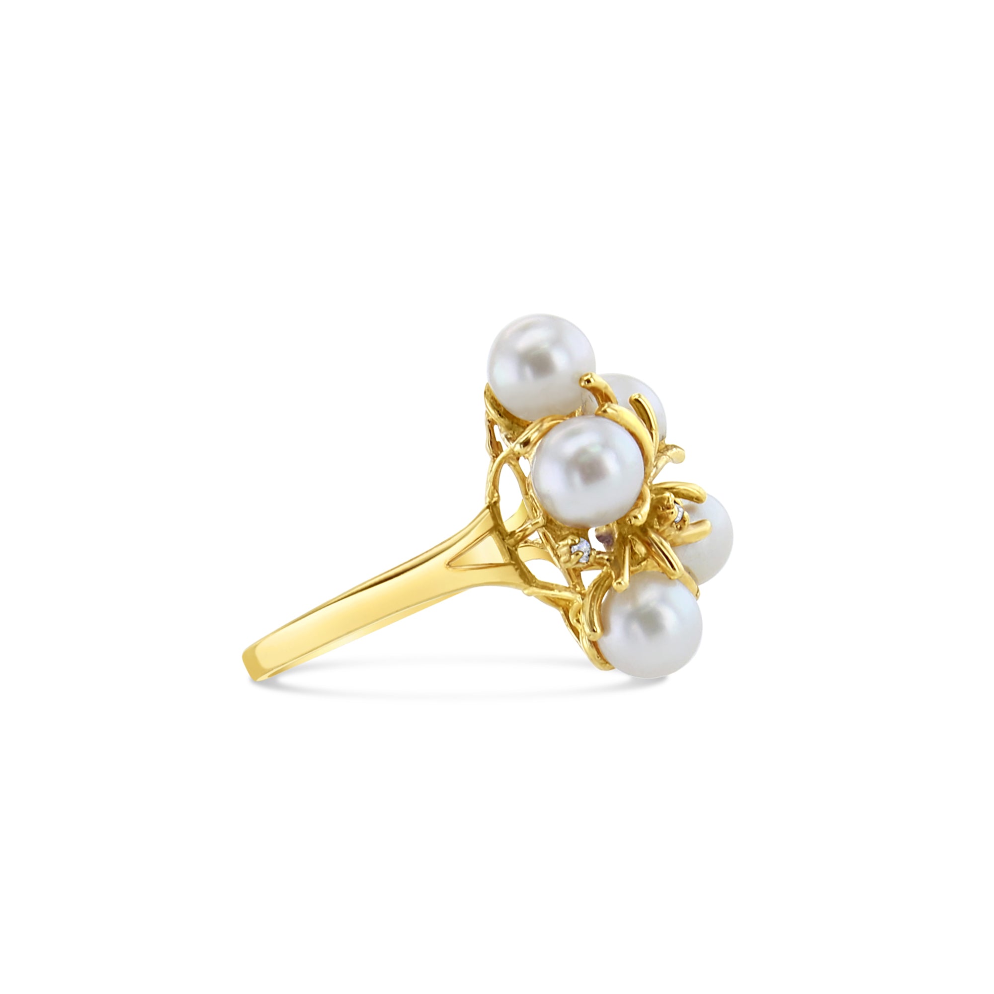 14K Yellow Gold Pearl Cluster Ring with Diamond Accents - Elegant Bridal Jewelry, Anniversary Gift & Special Occasion Statement Piece