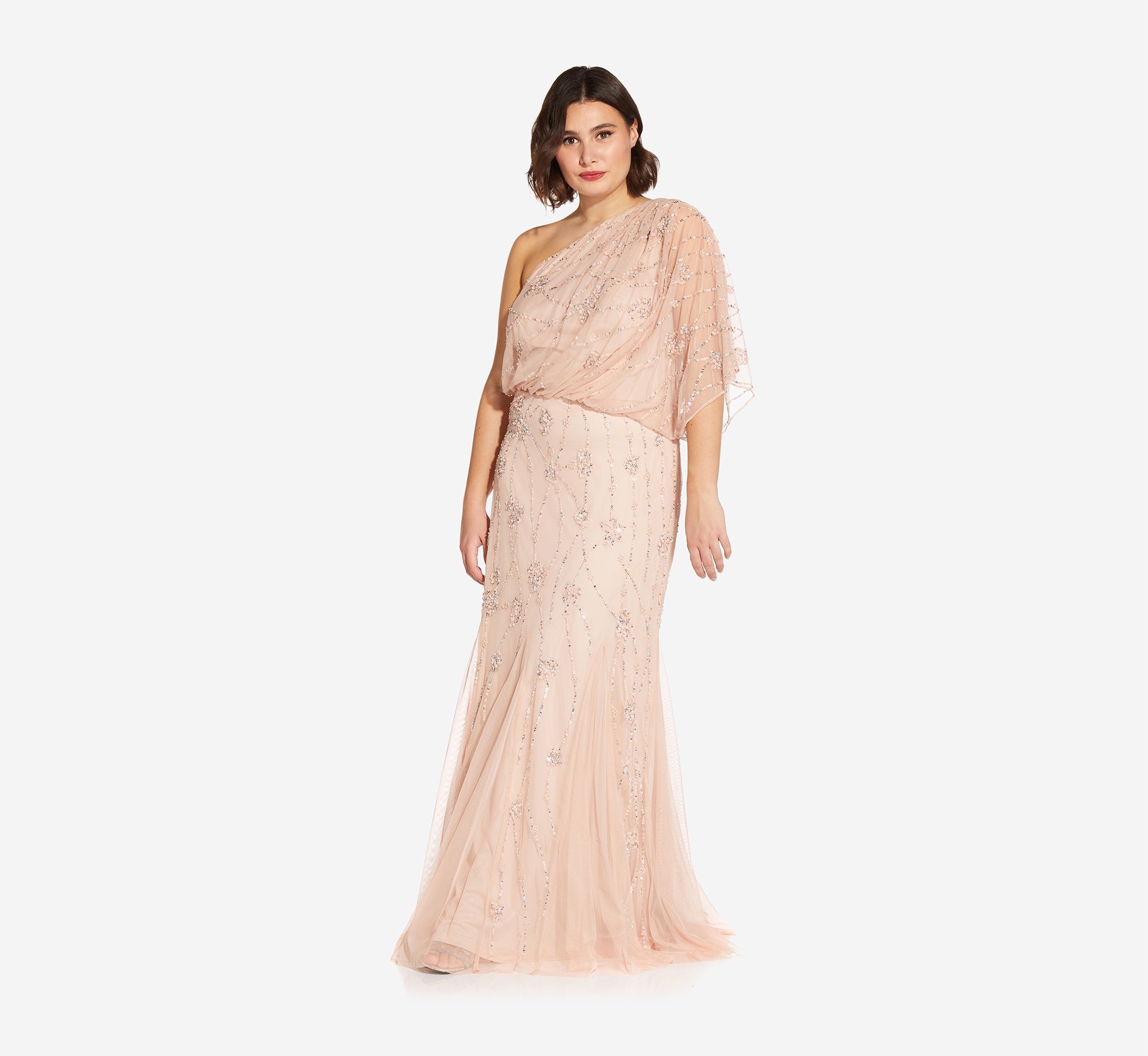 Adrianna Papell One Shoulder Beaded Gown - Elegant Blush Evening Dress for Prom, Wedding & Formal Events