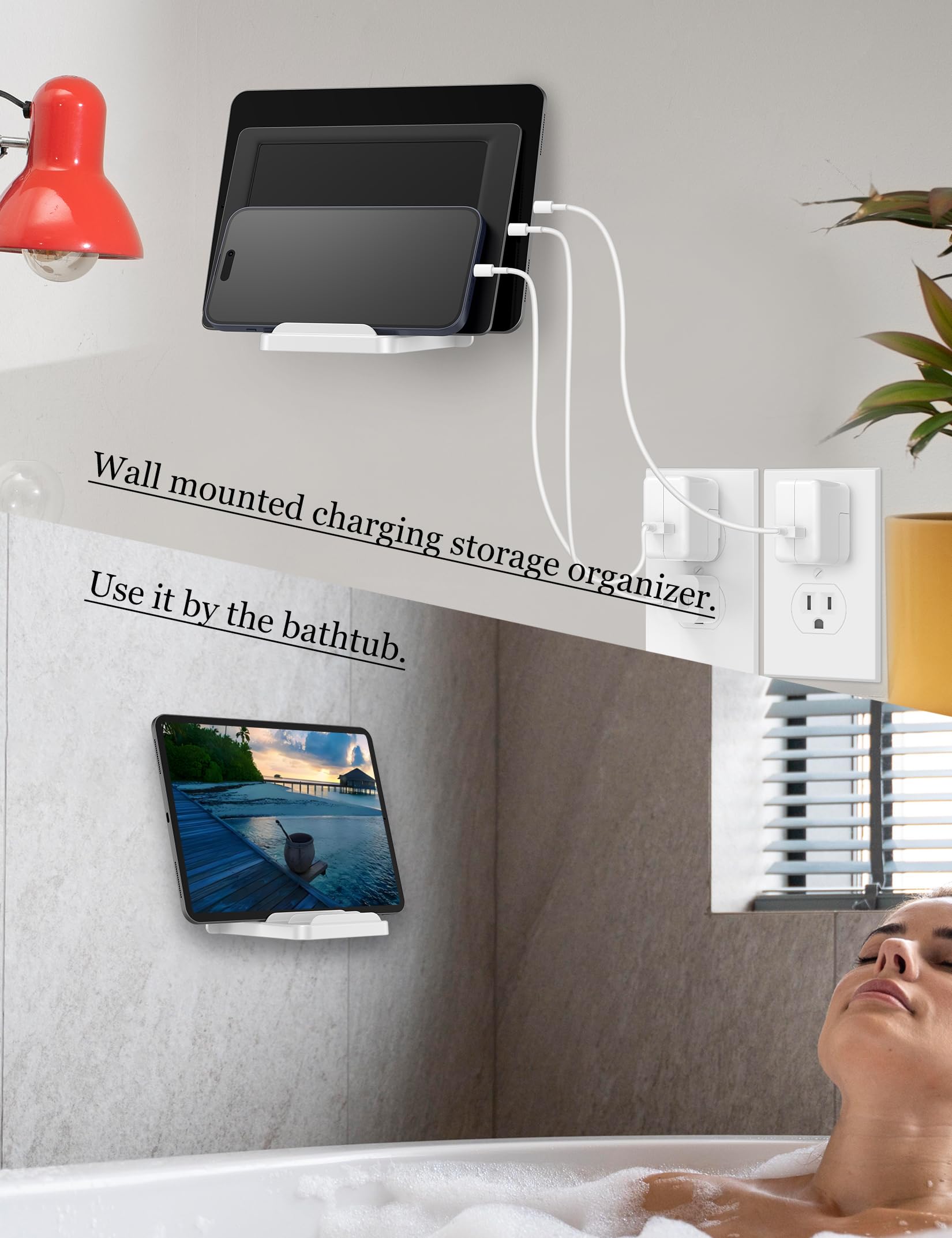 Wall Mount Phone Holder for iPhone & Smartphones, Tablet Stand Compatible with iPad & Kindle - Adjustable 3-Slot Design for Bathroom, Bedroom & Kitchen - Perfect for Hands-Free Viewing While Cooking, Showering or Relaxing (White)