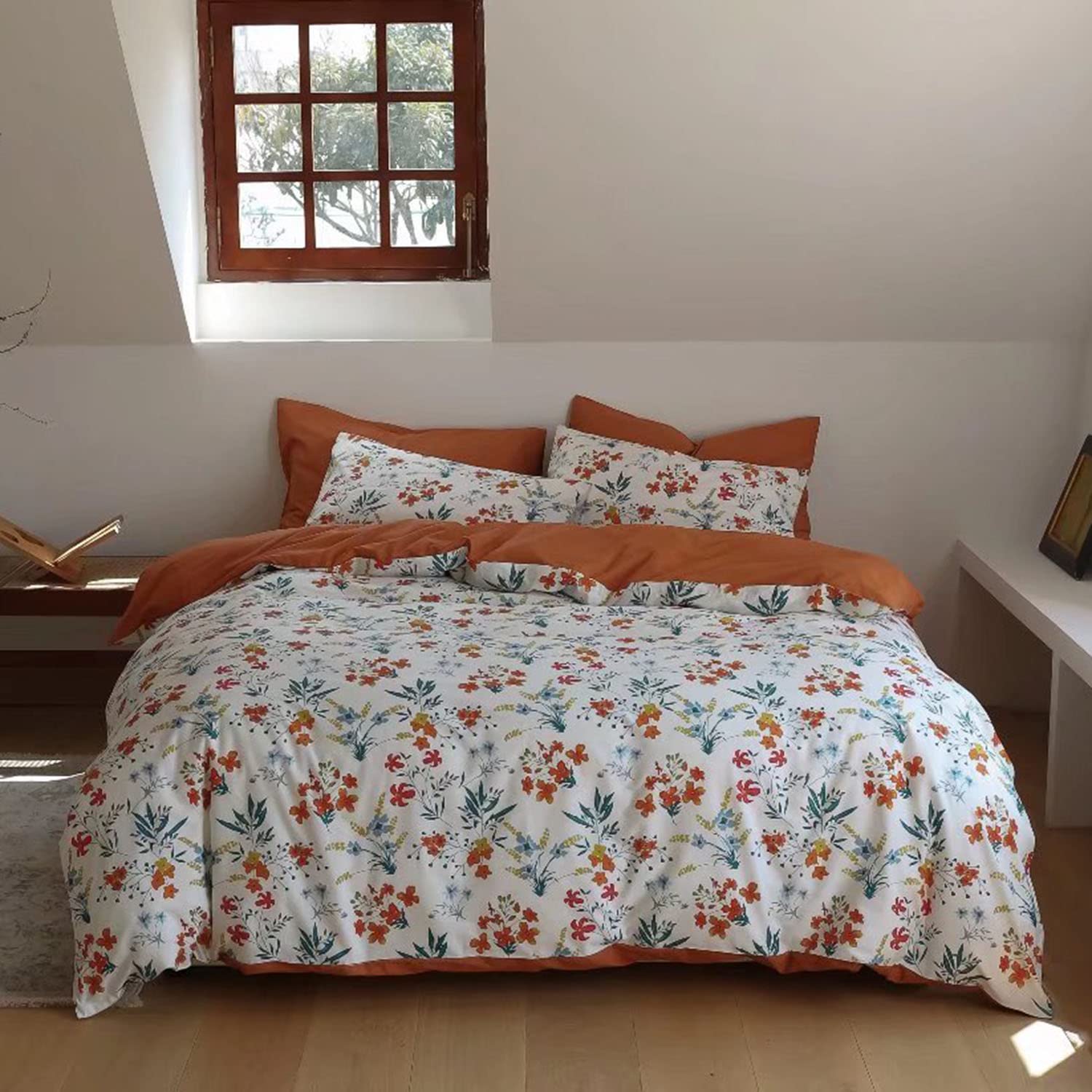 Luxlovery Botanical Comforter Set Full - Burnt Orange & White Floral Bohemian Bedding | Soft Cotton Quilt Blanket for Bedroom Decor | Perfect for Boho, Farmhouse & Garden Themed Rooms