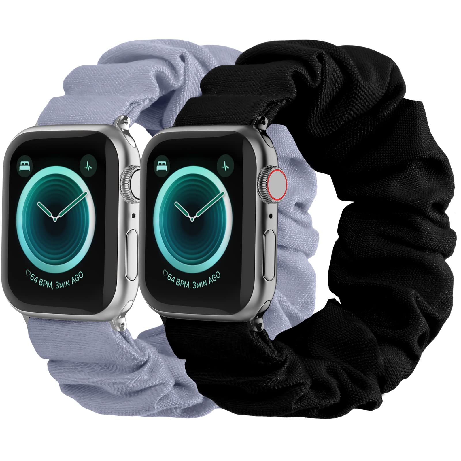 Elastic Scrunchy Apple Watch Bands for Women - Compatible with 38mm 40mm 41mm iWatch Series 8/7/6/5/4/3/2/1/SE - Soft Fabric Wristbands with Stylish Printed Patterns (Small, Black & BlueGrey) - Perfect for Workouts, Yoga, and Everyday Fashion Accessories