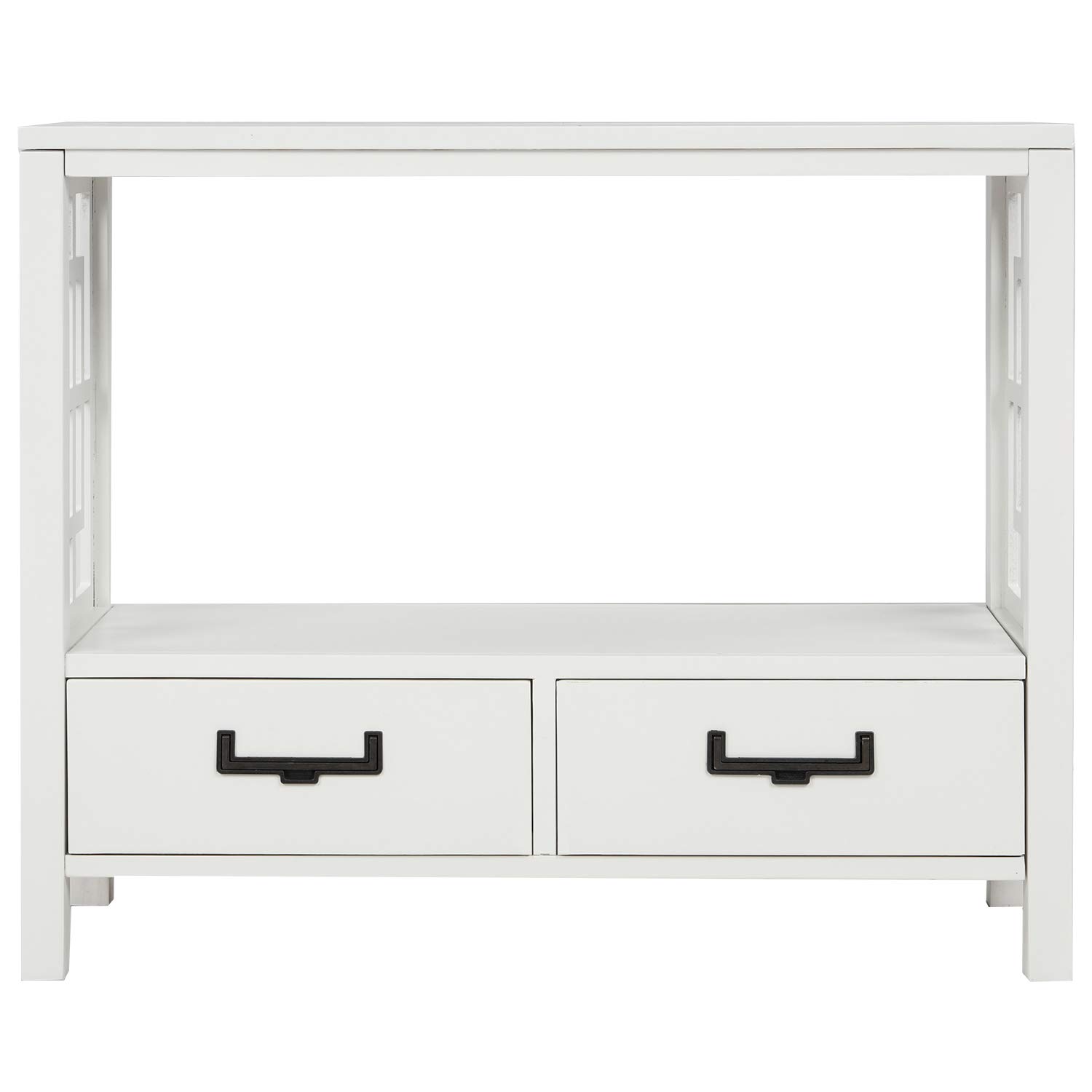 Rustic Pine Wood Console Table with 2 Drawers & Storage Shelf - Farmhouse Narrow Sofa Table for Entryway, Living Room, Bedroom or Hallway - Perfect for Small Space Organization & Home Decor (White Finish)