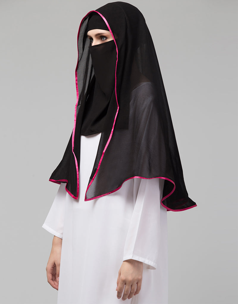 Black and Pink Polyester Georgette Hijab Scarf - Lightweight Muslim Head Cover for Women - Perfect for Daily Wear, Prayer, and Special Occasions