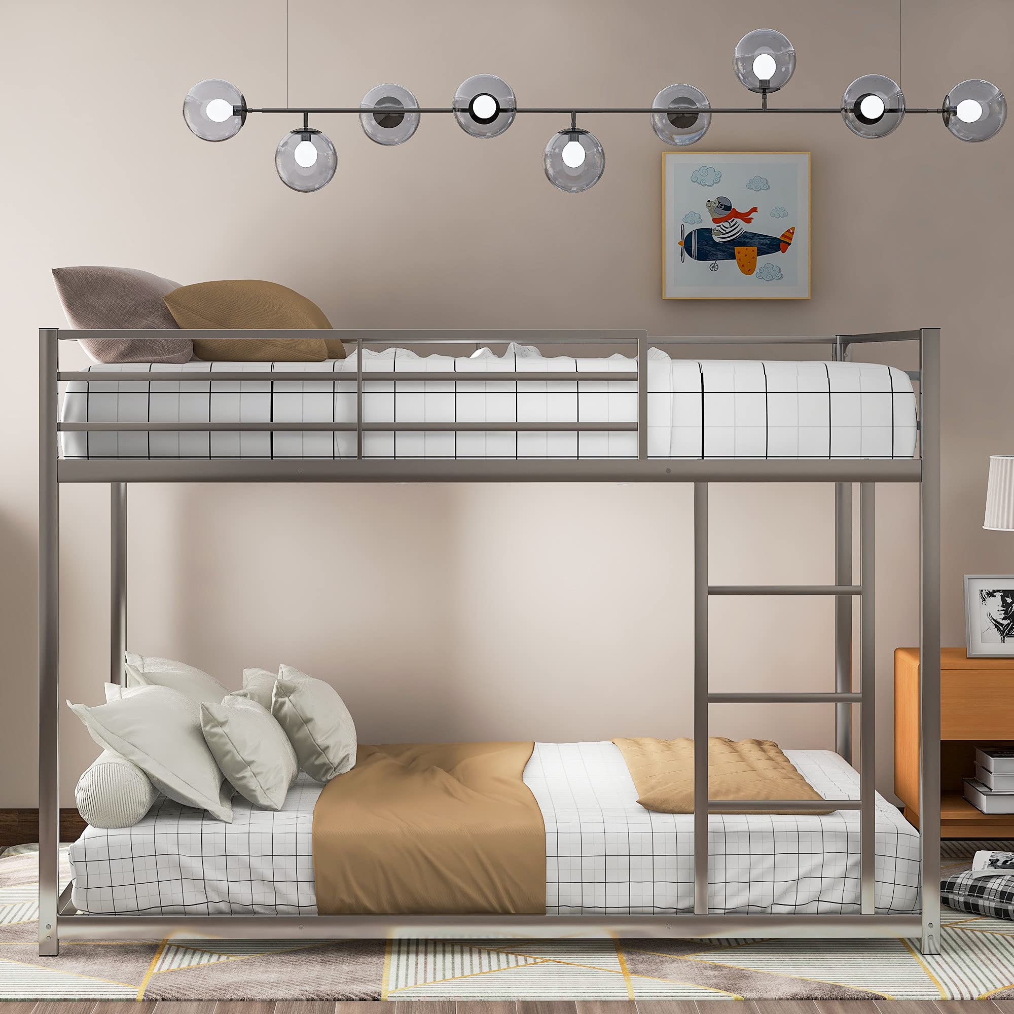 Full Over Full Metal Bunk Bed with Safety Guardrails & Ladder - Space Saving 2-in-1 Bed Frame for Kids/Teens/Adults - No Box Spring Needed (Silver) - Perfect for Small Bedrooms, Dorms & Guest Rooms