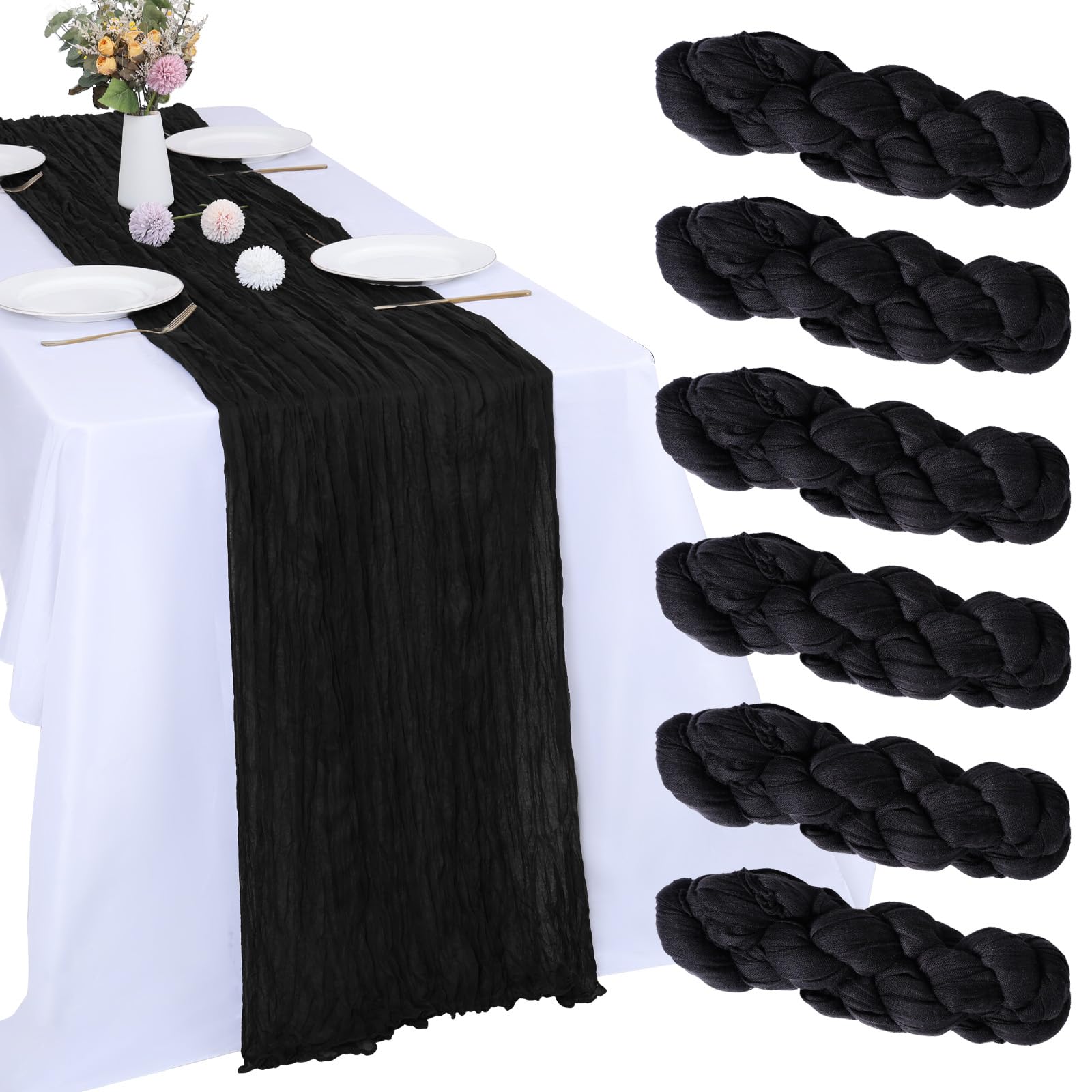 6 Pack Black Cheesecloth Table Runner 10FT - Boho Gauze Fabric Table Runner 35 x 120 Inch - Rustic Sheer Runner for Wedding Decor, Baby Shower, Party & Boho Table Decoration - Perfect for Rustic Weddings, Farmhouse Events & DIY Home Decor (Black)