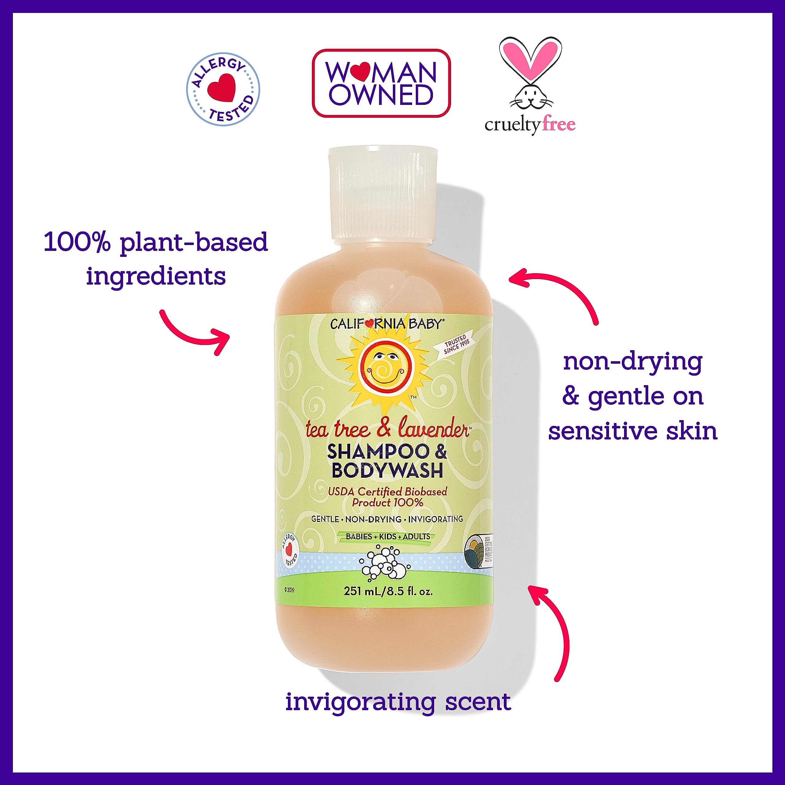 California Baby Tea Tree & Lavender Shampoo & Body Wash - USDA Certified Organic, Allergy Tested, 100% Plant-Based Baby Soap for Dry & Sensitive Skin - Gentle Toddler & Newborn Wash (8.5 fl oz) - Perfect for Daily Bath Time & Sensitive Skin Care