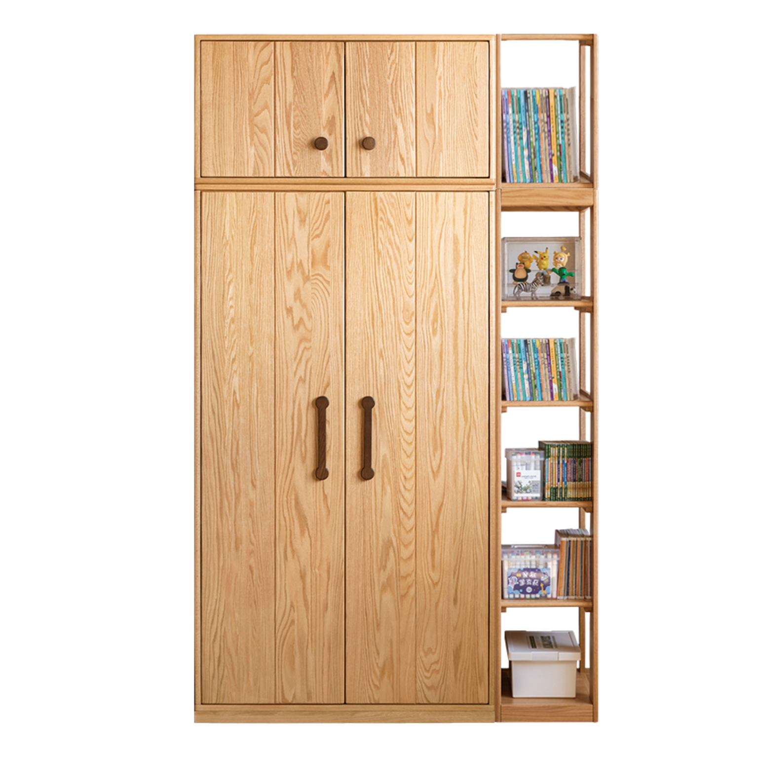 53.1x20.9x90.6 inch / 135x53x230 сm / Natural Wood Color / Bookcase + Double door wardrobe + Top cabinet