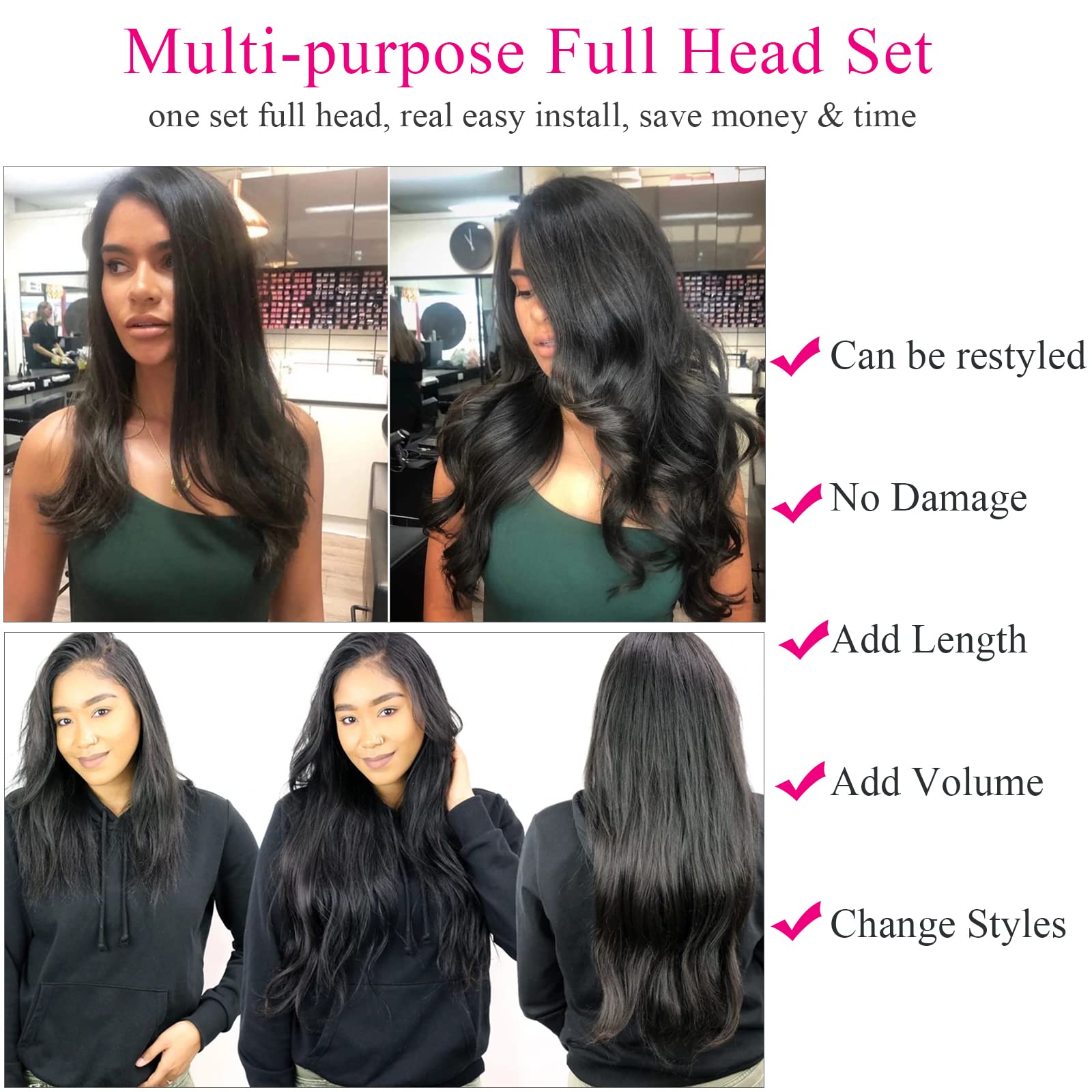 14 Inch Brazilian Straight Human Hair Clip In Extensions for Black Women - 180g Soft & Thick Ends, Natural Color, 10Pcs/Set with 32 Clips - Perfect for Daily Styling, Parties & Special Occasions
