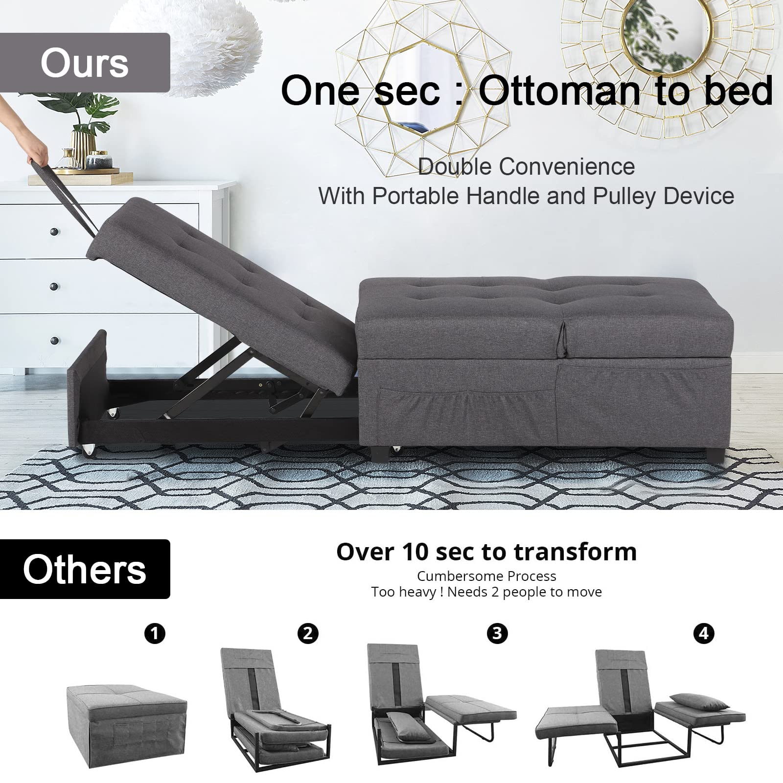 IPKIG 4-in-1 Convertible Chair Sleeper Bed - Multi-Functional Folding Ottoman Sofa Bed with Lumbar Pillow & Adjustable Design - Modern Linen Fabric Guest Bed for Small Spaces - Perfect for Apartments, Dorms & Home Offices (Grey)