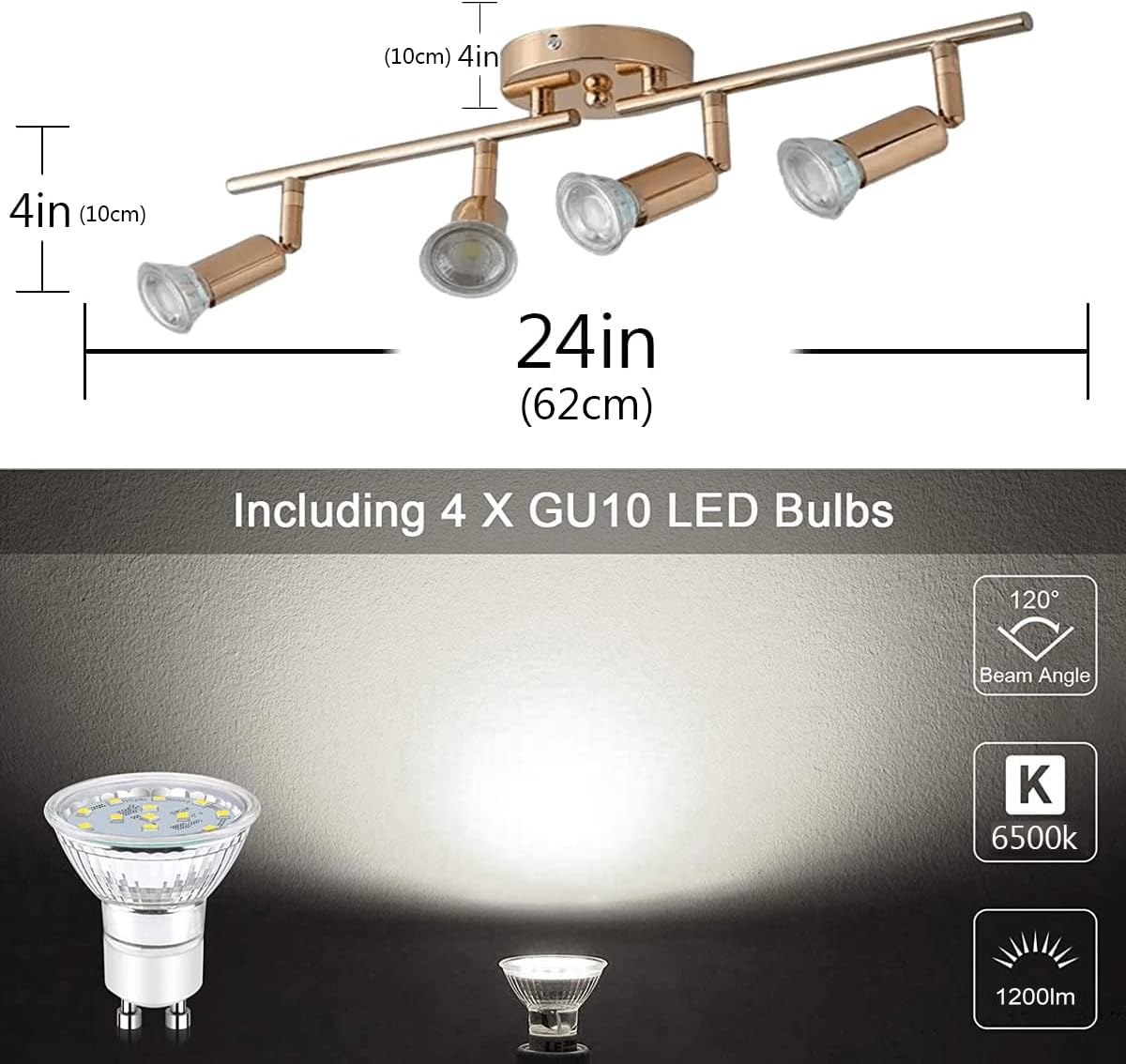 QCYUUI Modern 4-Light LED Track Lighting Kit - Adjustable Gold Spotlight Fixture with 4×GU10 Bulbs Included - Flush Mount Wall/Ceiling Lights for Kitchen, Living Room, Dining Area & Retail Spaces
