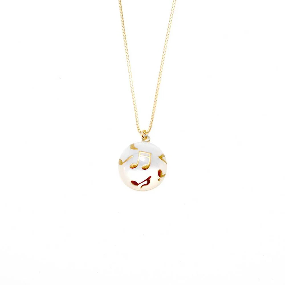 Handmade Japanese Maki-e Urushi Lacquer Pendant Necklace with White South Sea Pearl Shell & Musical Note Design - Traditional Artisan Jewelry for Women, Gift for Music Lovers, Special Occasion Wear