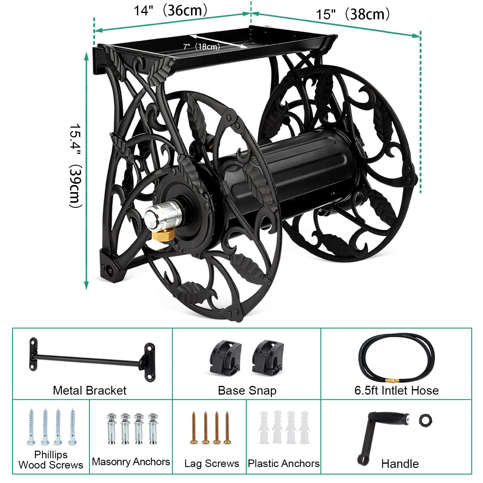 **Wall Mount Garden Hose Reel with 6.5ft Leader Hose & Storage Shelf – Holds 130ft of 5/8