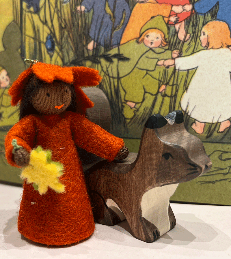 Handmade Dark Skin Autumn Leaf Waldorf Felt Doll - Natural Fiber Eco-Friendly Toy for Waldorf Education, Seasonal Decor & Imaginative Play