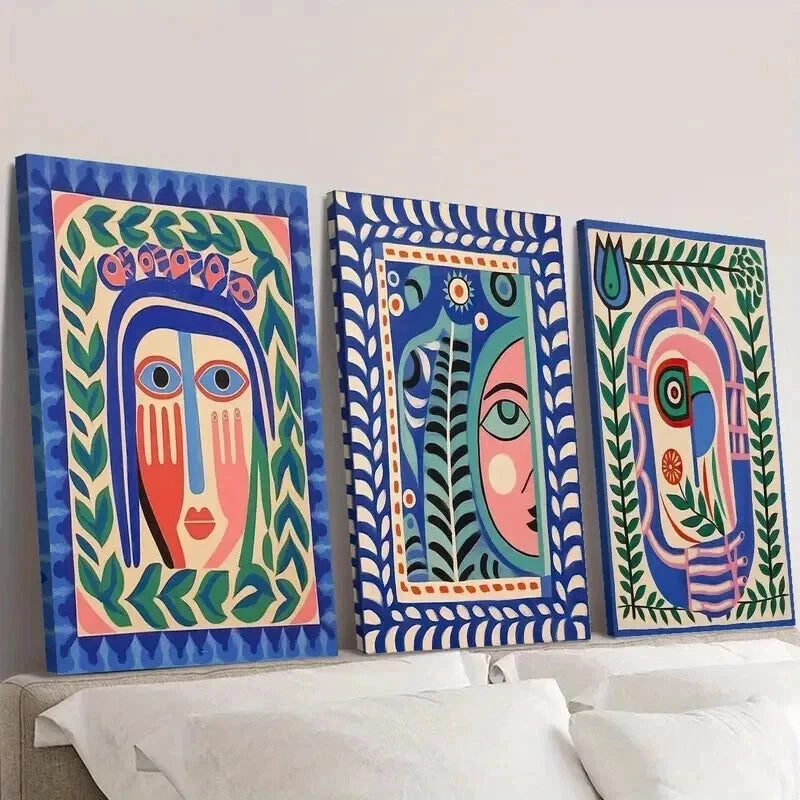 3-Piece Art Deco Folk Abstract Face Wall Art Set - Framed Canvas 50x70cm (20x28in) - High Quality Print - 100% Australian Made - Ready to Hang - Perfect for Living Room, Bedroom or Office Decor