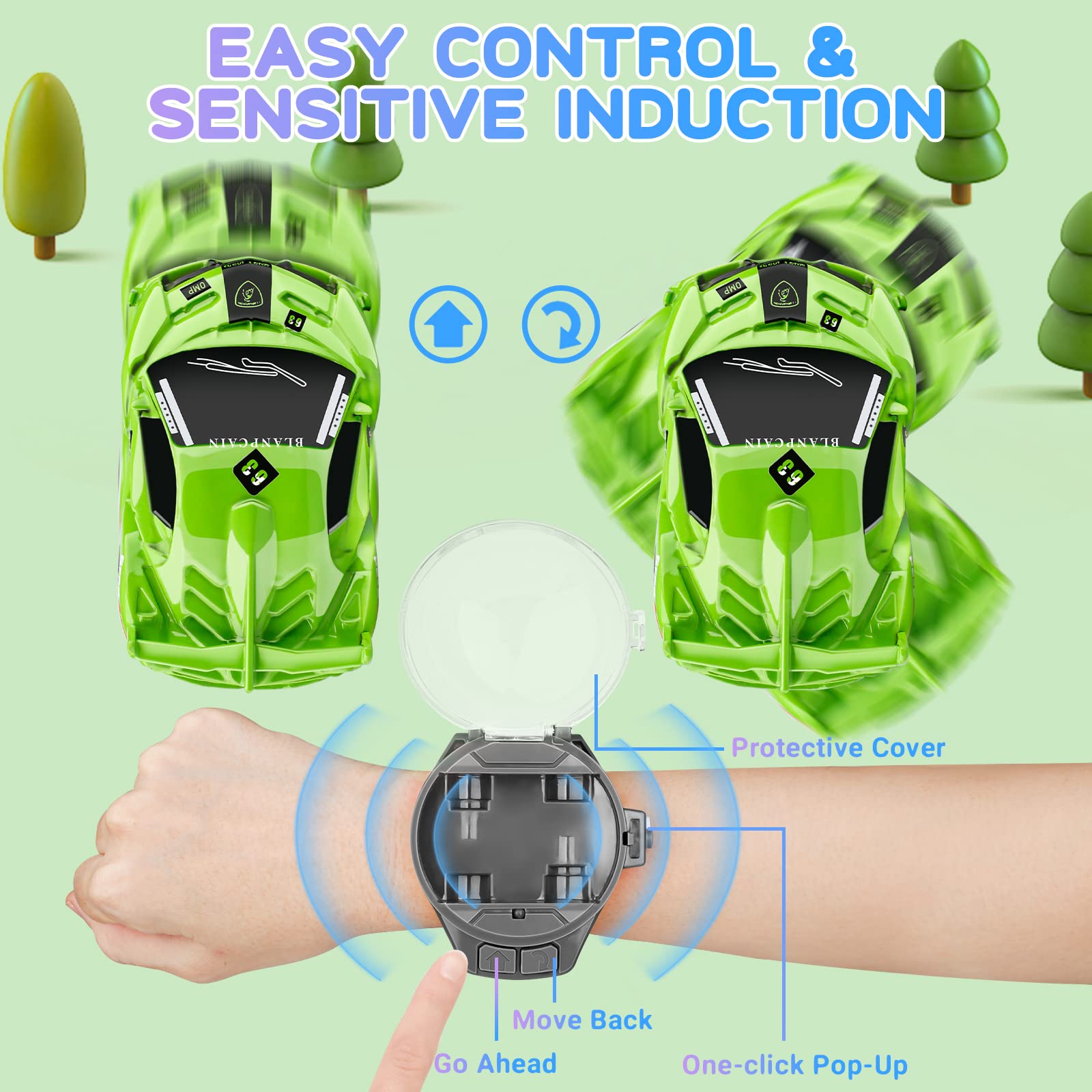 Logoplay 2023 Mini Remote Control Car Watch Toy - 2.4GHz Cartoon RC Racing Car with USB Charging, TikTok Viral Hand-Controlled Watch Car for Kids Birthday Gifts, Party Favors & Indoor Outdoor Play (Green)
