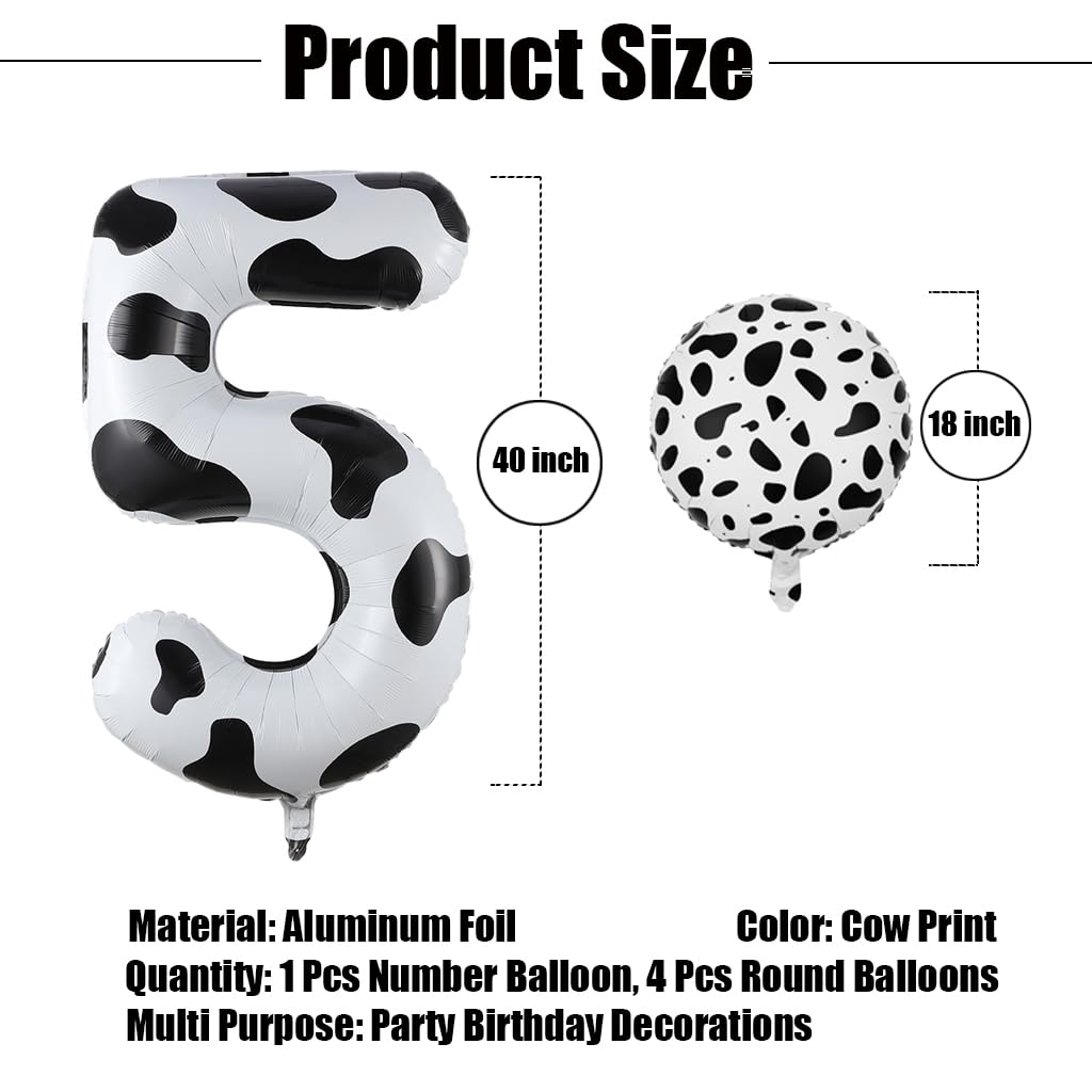 40 Inch Large Number 5 Birthday Balloons Kit - 4 Pcs 18 Inch Round Cow Print Foil Balloons for 5th Birthday Party Decorations | Perfect for Girls & Boys Birthday Celebrations, Baby Showers, and Anniversary Parties