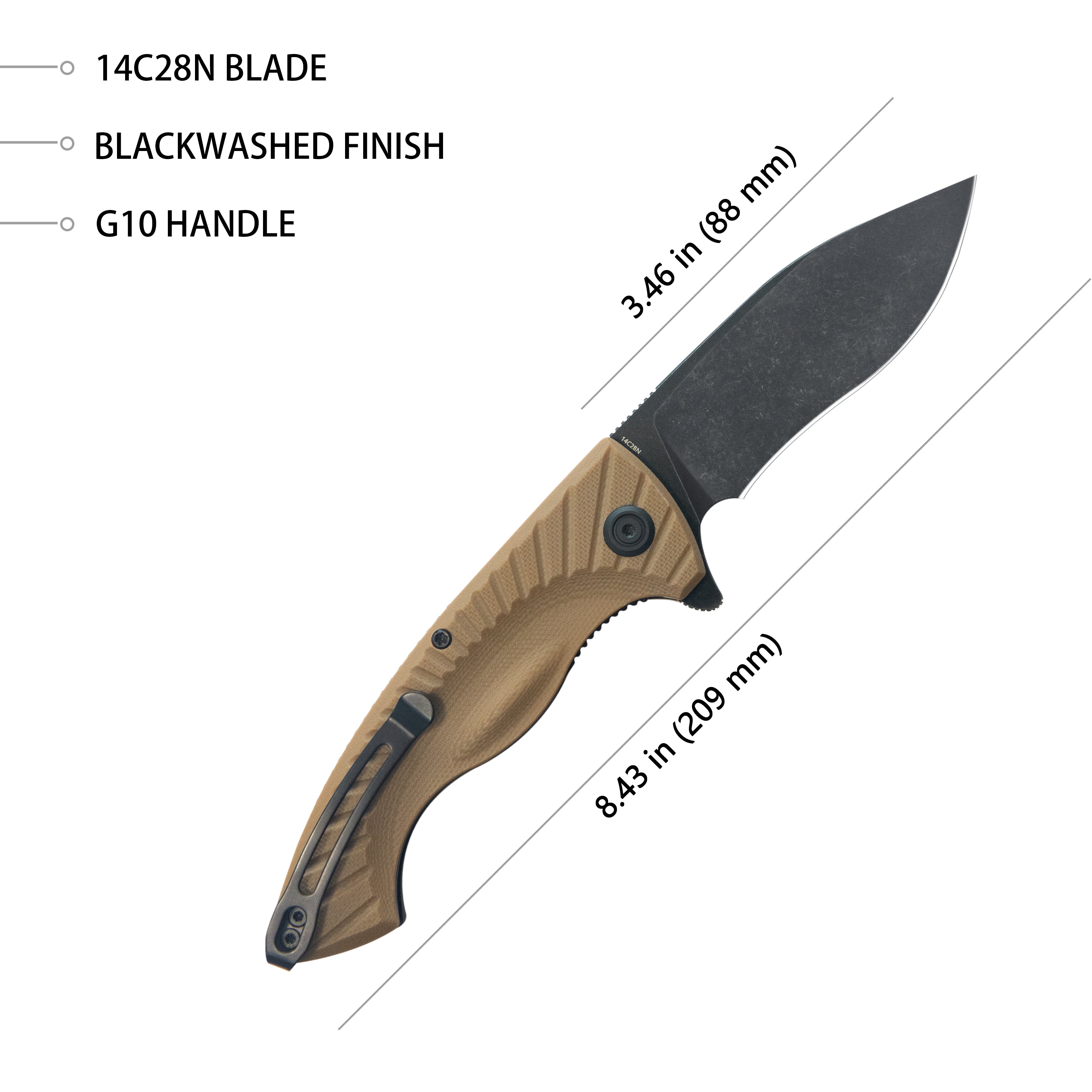 Kubey Timberwolf Flipper Outdoor Folding Knife - Tan G10 Handle, 3.46